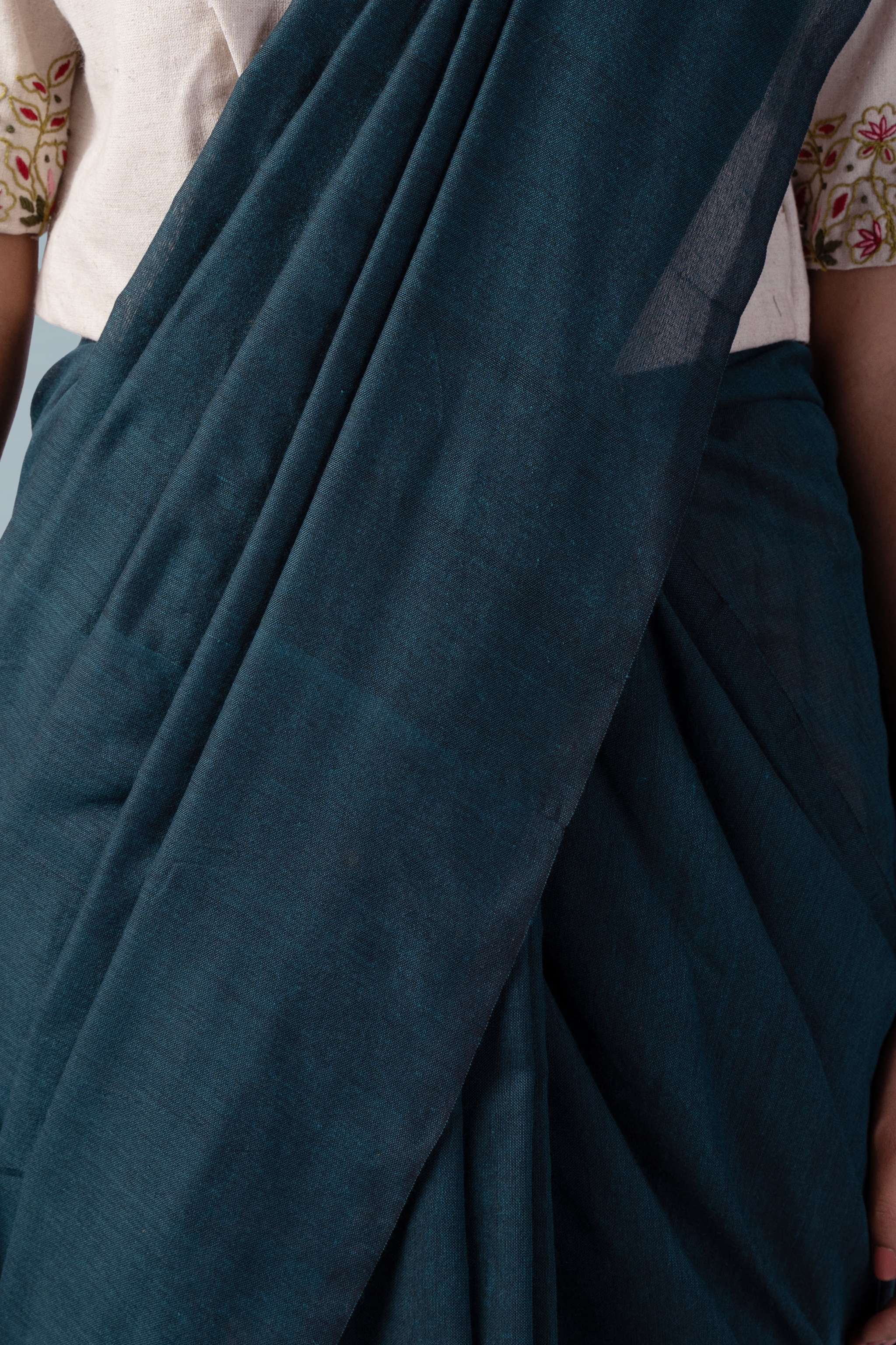 Solid deep teal Handspun Khadi Saree