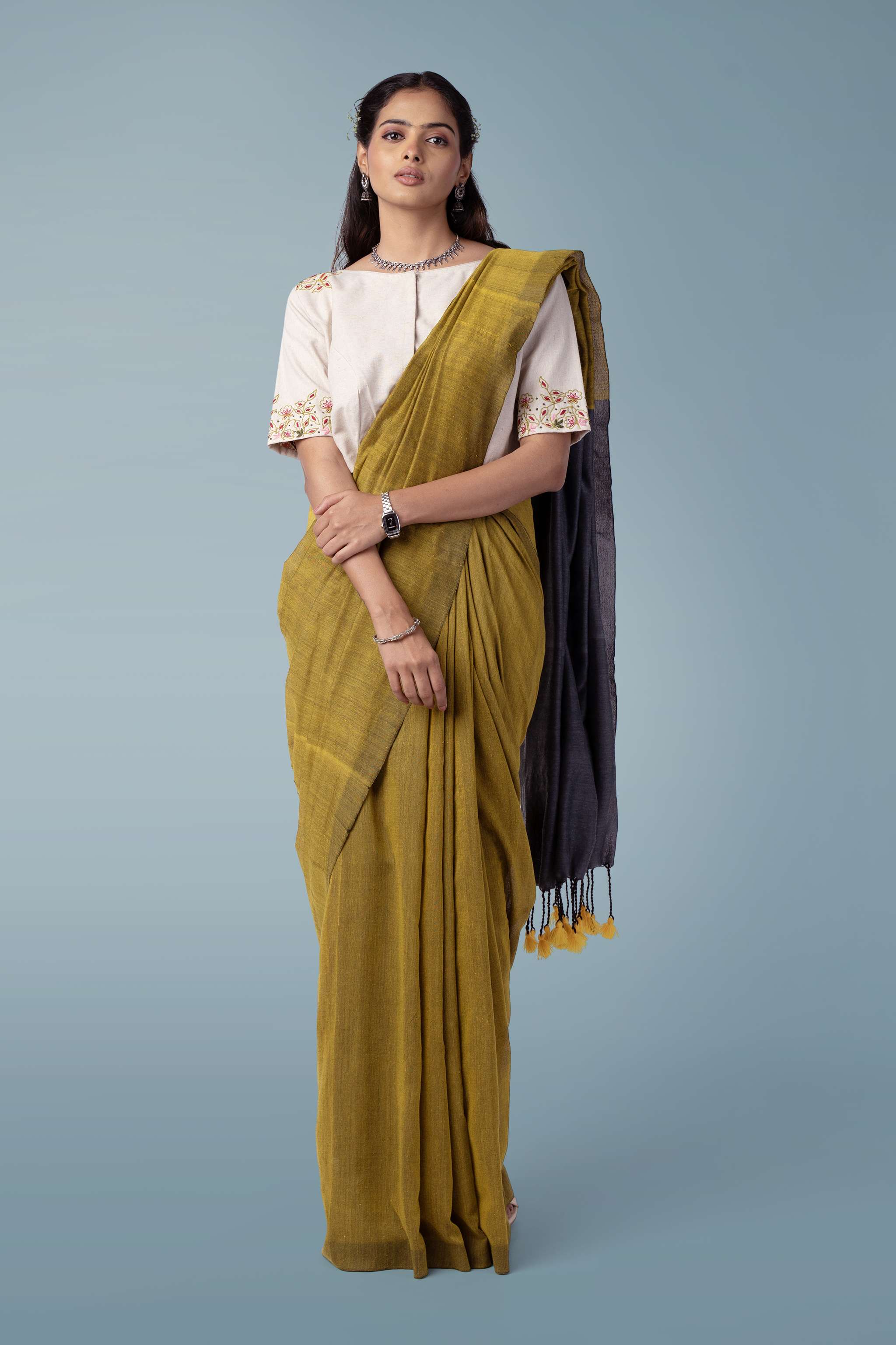 Mustard & Charcoal Grey Ultra-light Handspun Khadi Saree