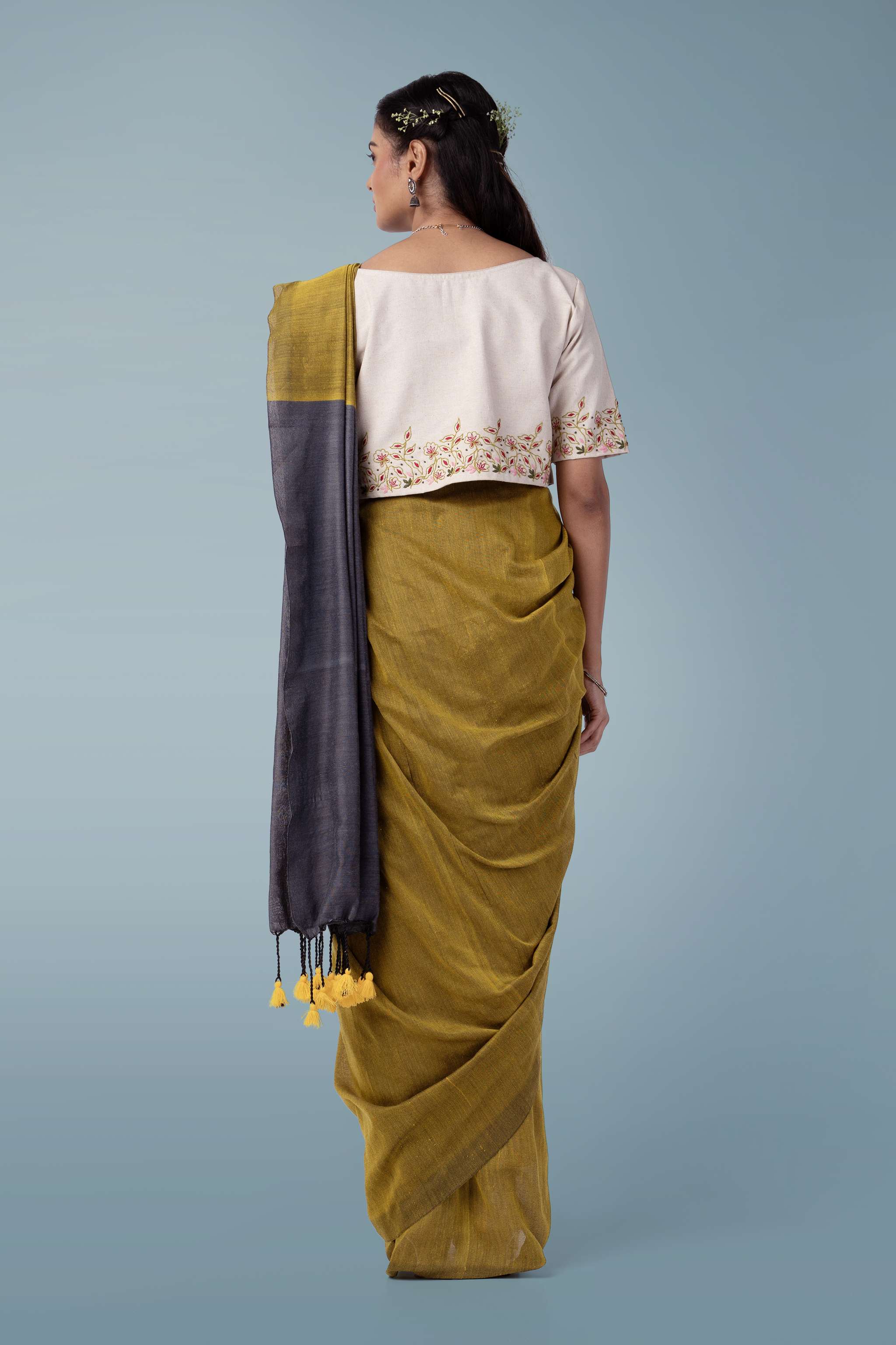 Mustard & Charcoal Grey Ultra-light Handspun Khadi Saree