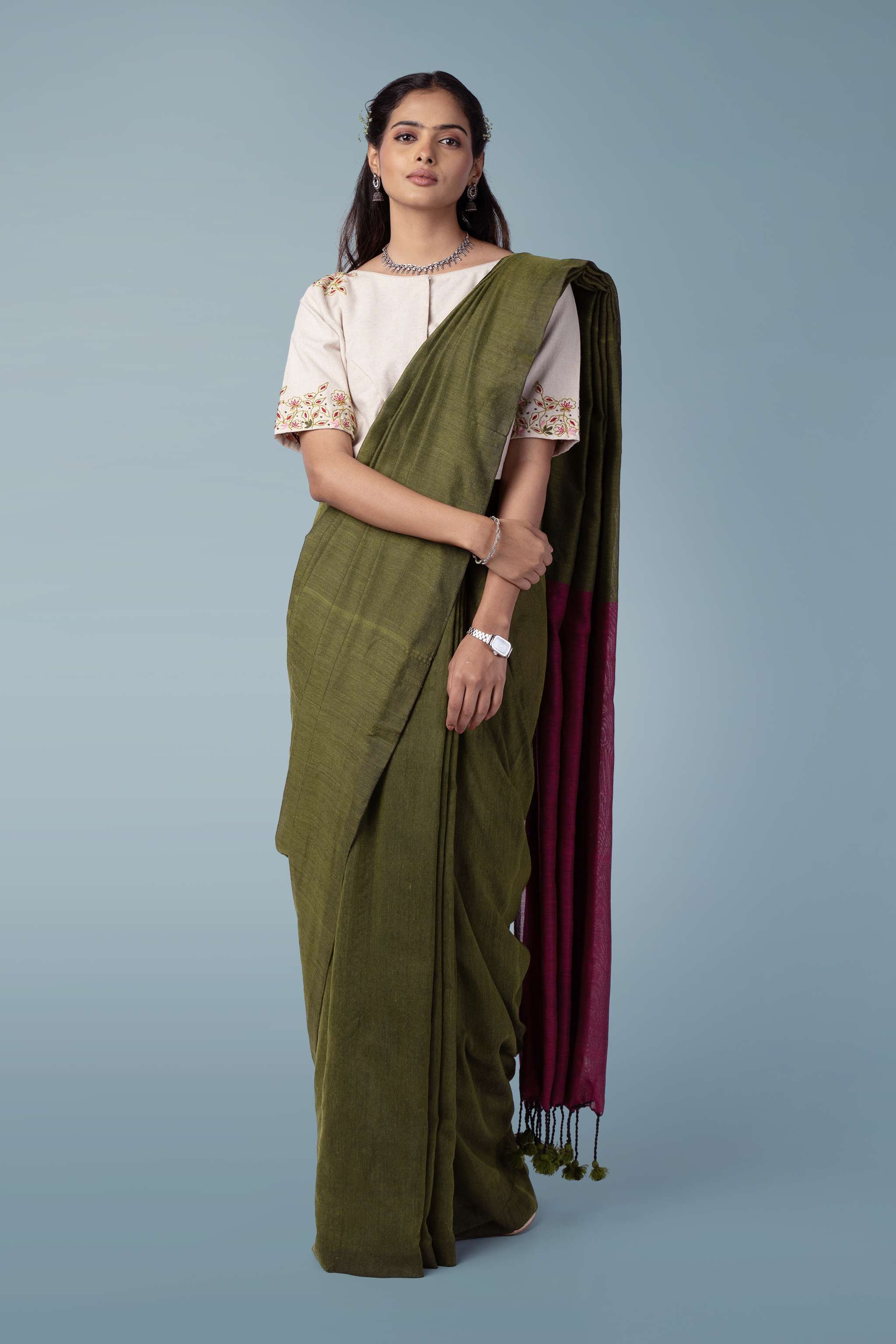 Olive Green & Plum Ultra-light Handspun Khadi Saree