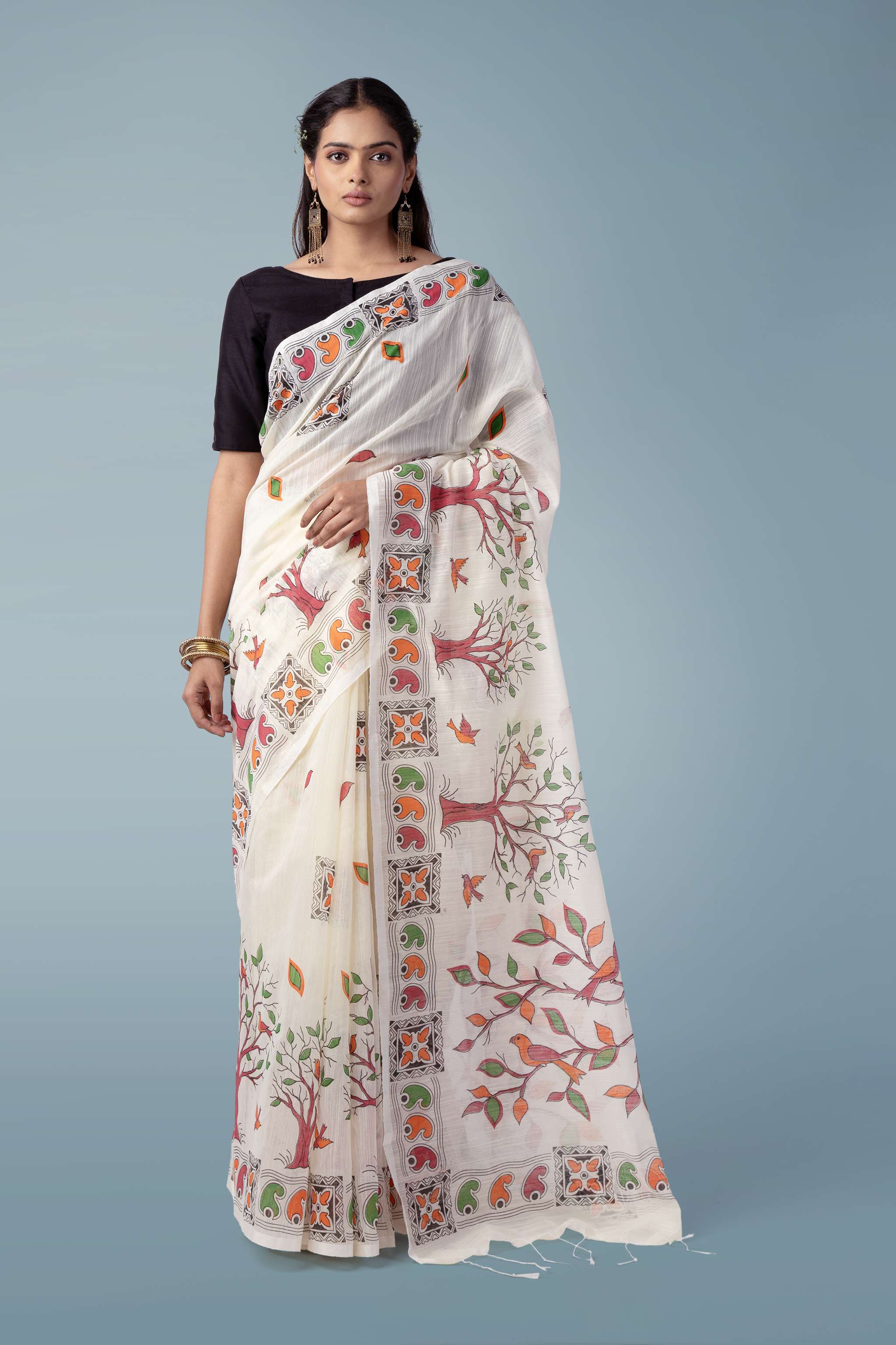Ivory Ultra-light Handspun Khadi Printed Saree