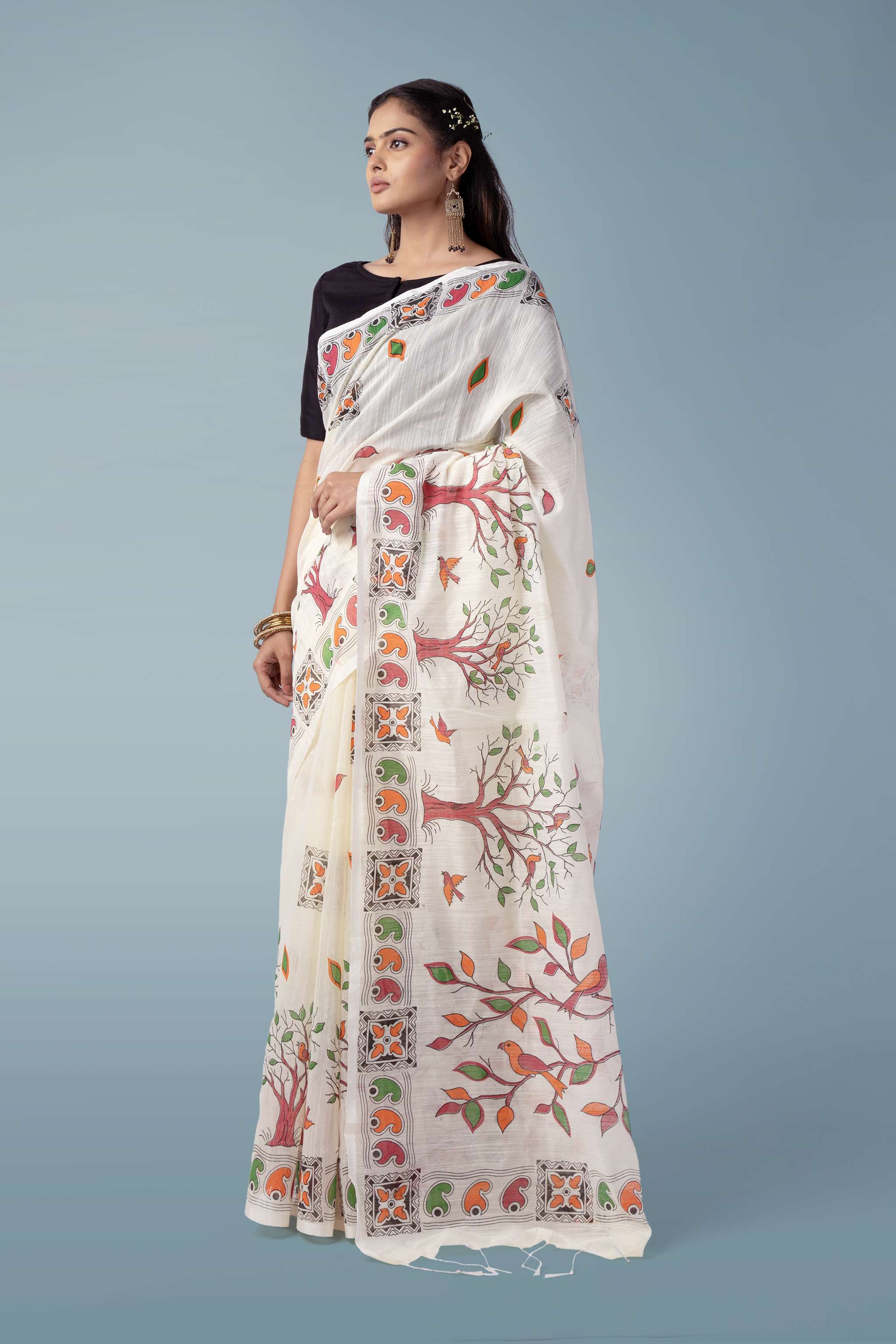 Ivory Ultra-light Handspun Khadi Printed Saree
