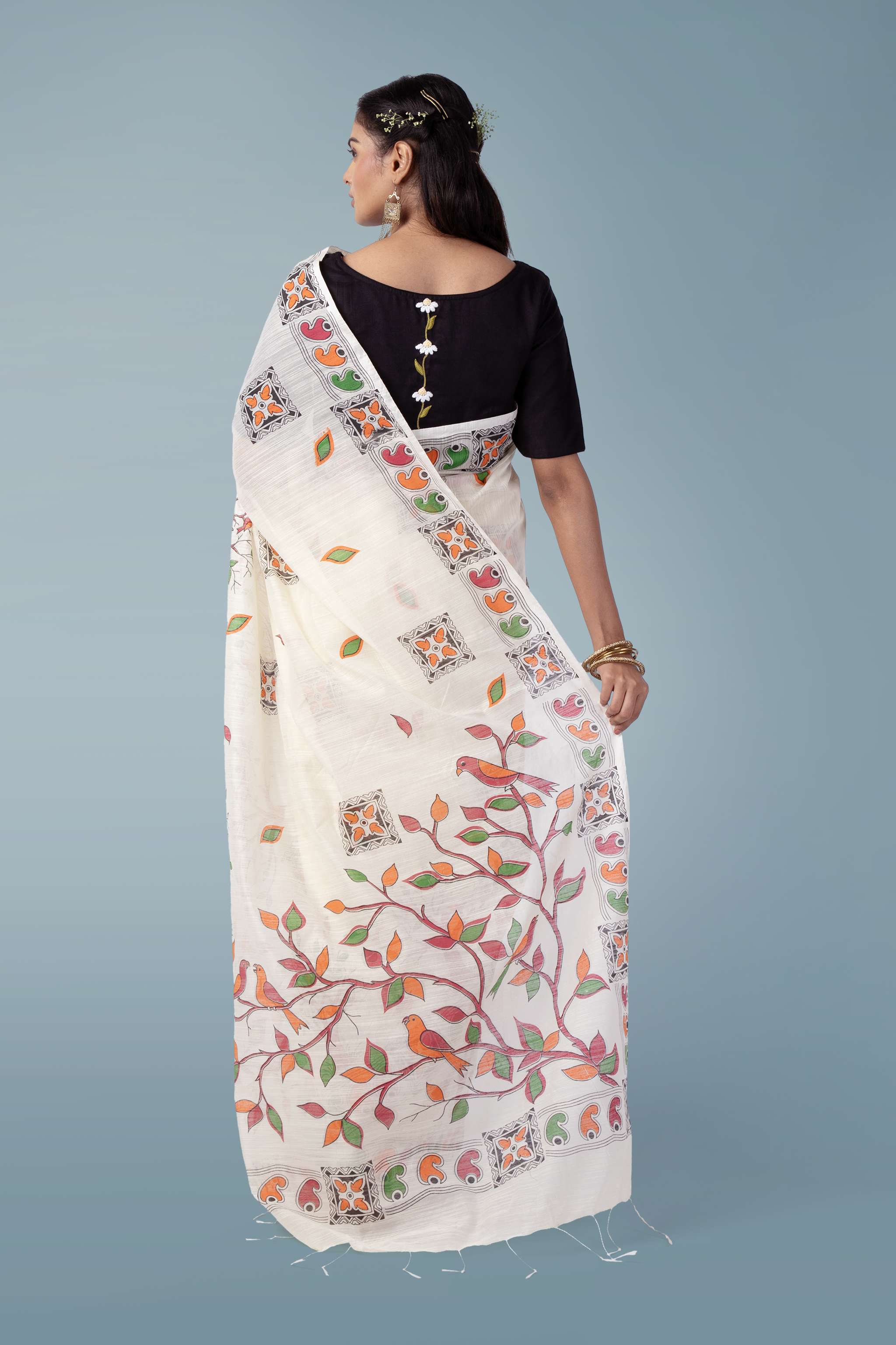 Ivory Ultra-light Handspun Khadi Printed Saree