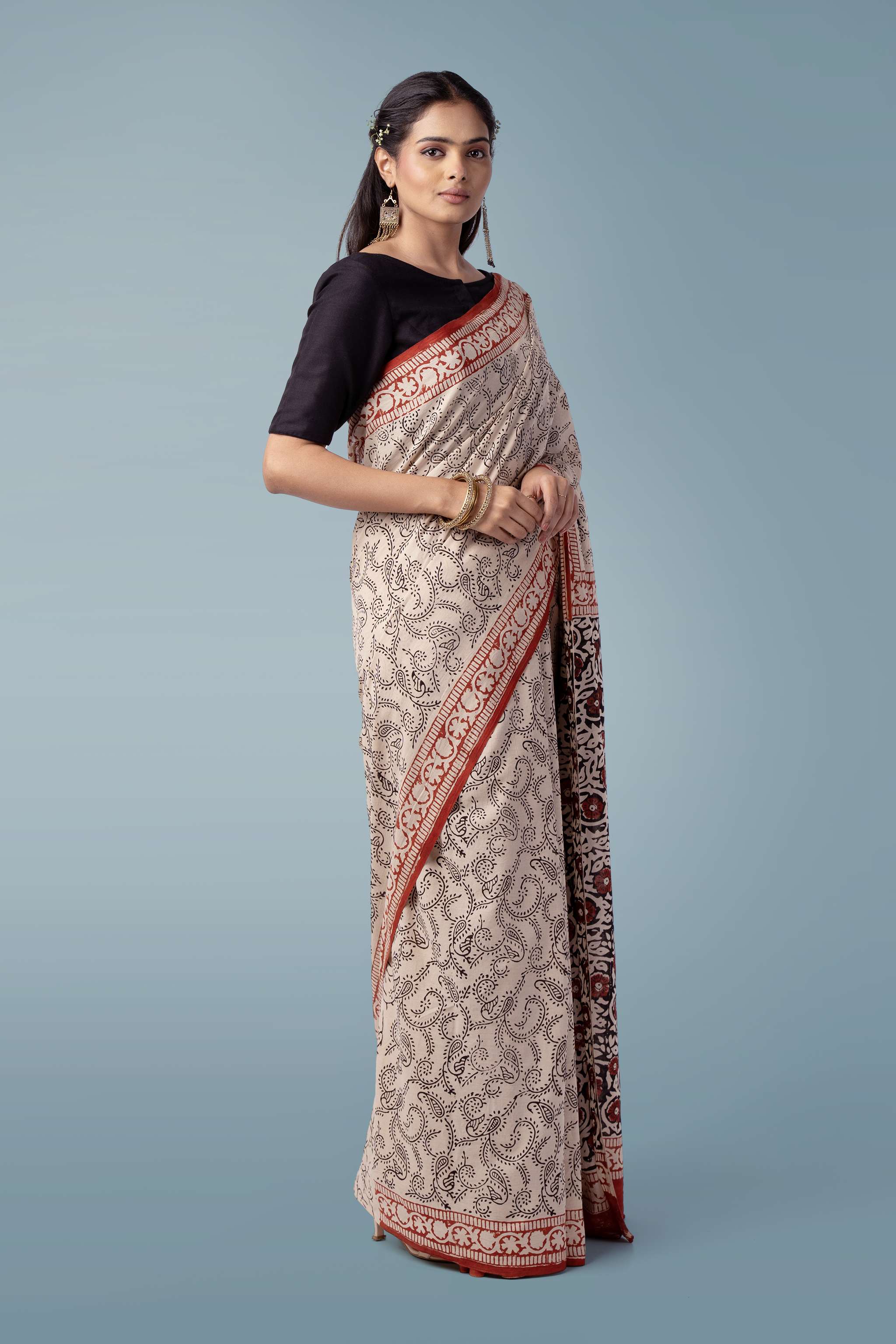 Desert Sand Ultra-soft Mul Cotton Saree | Bagru Hand Block Print