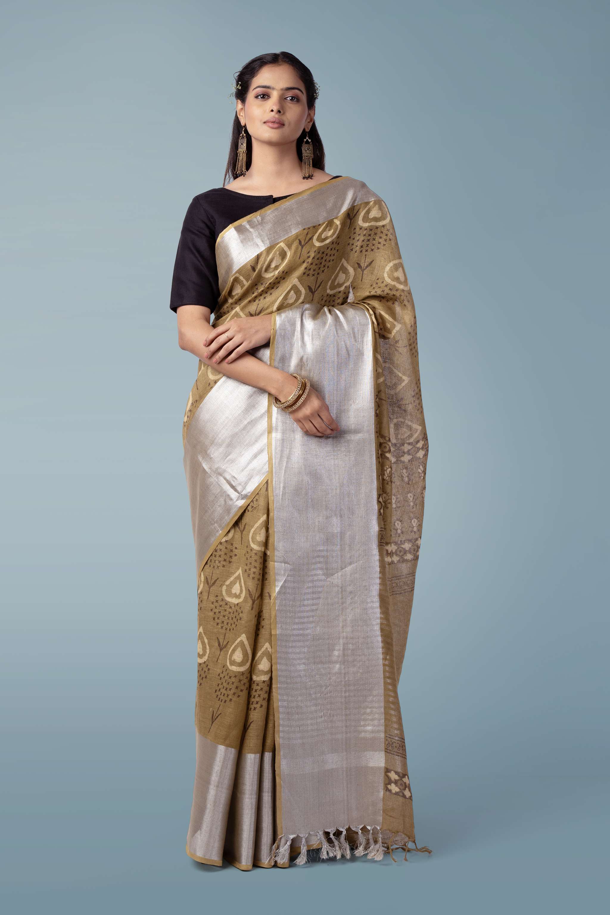 Olive Brown Pure Linen Handwoven Saree | Shahi Dabu Print