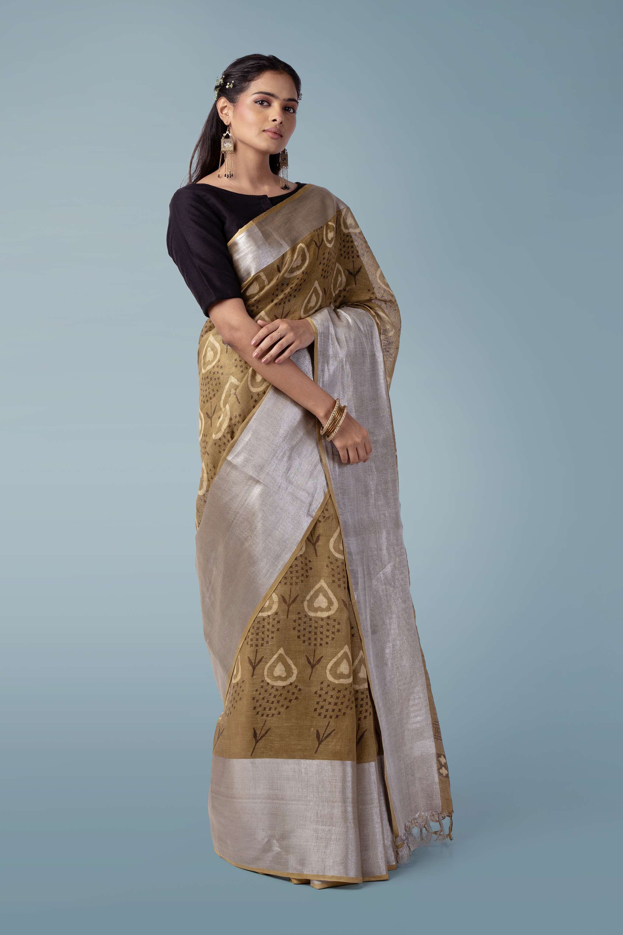 Olive Brown Pure Linen Handwoven Saree | Shahi Dabu Print