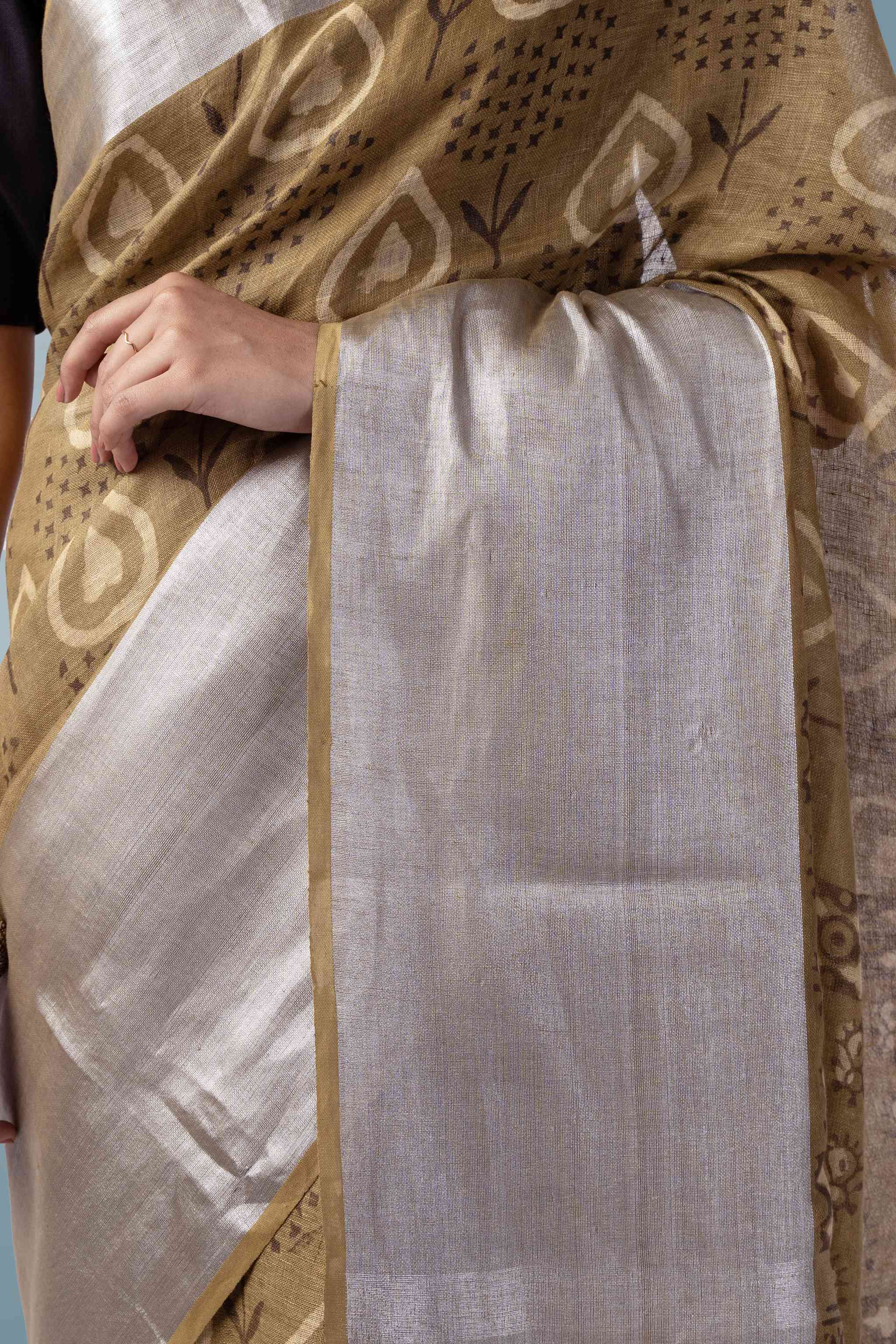 Olive Brown Pure Linen Handwoven Saree | Shahi Dabu Print