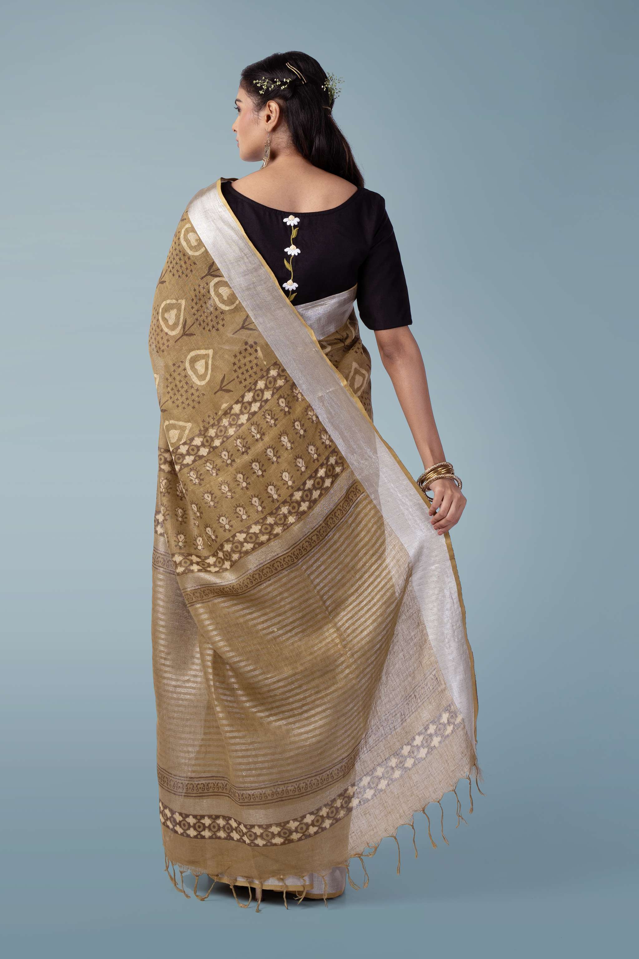 Olive Brown Pure Linen Handwoven Saree | Shahi Dabu Print