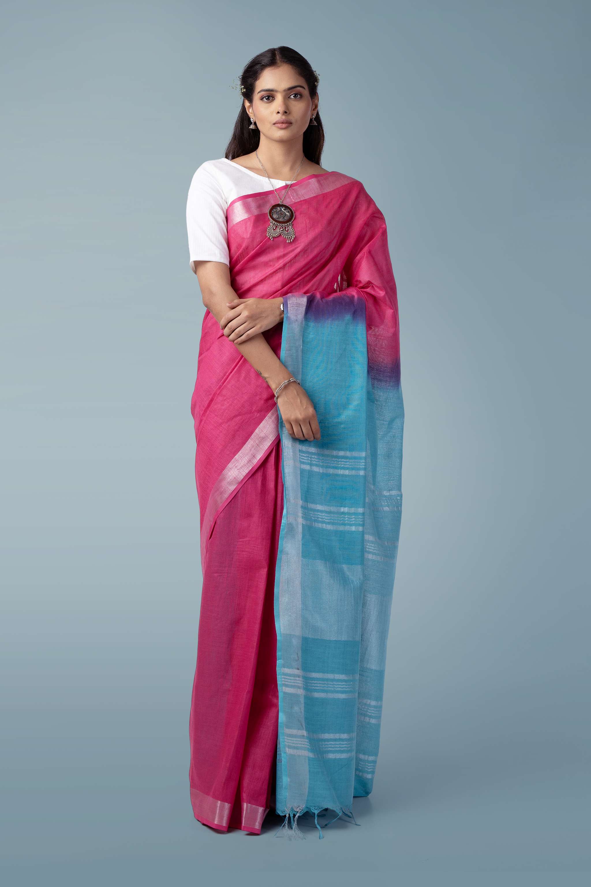 Fauchsia Pink & Teal Naturally Dyed Celuvé Saree