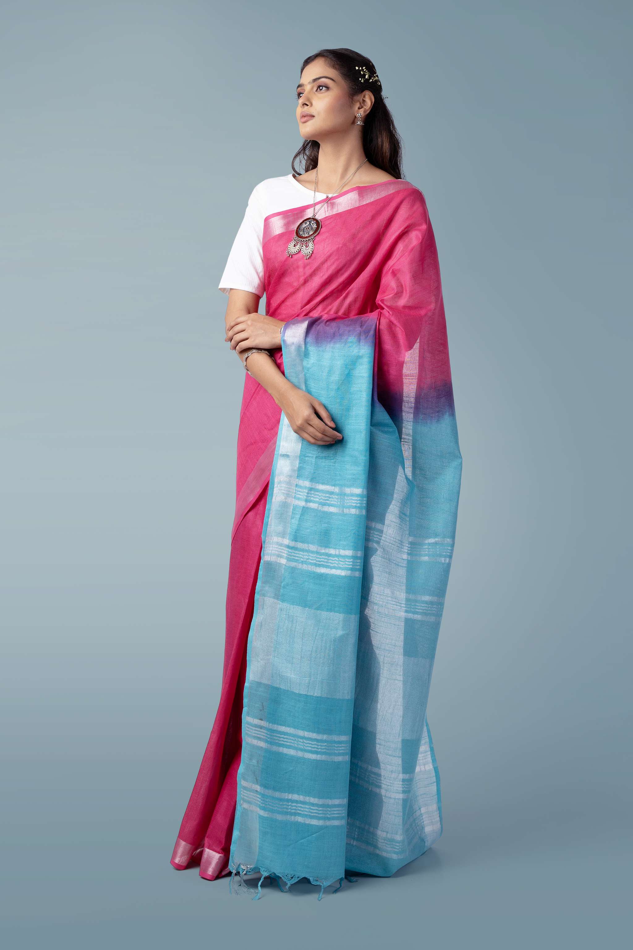 Fauchsia Pink & Teal Naturally Dyed Celuvé Saree