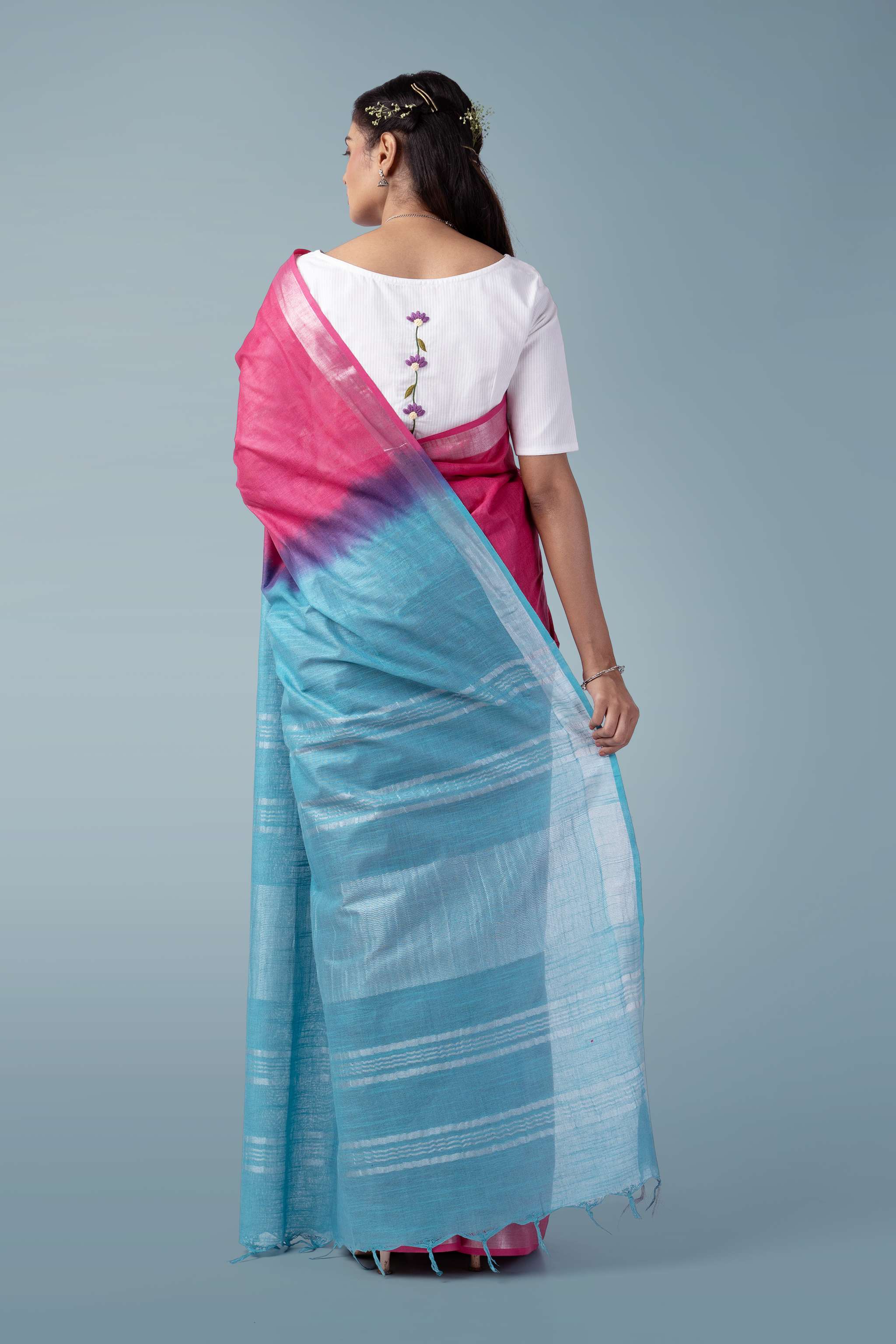 Fauchsia Pink & Teal Naturally Dyed Celuvé Saree
