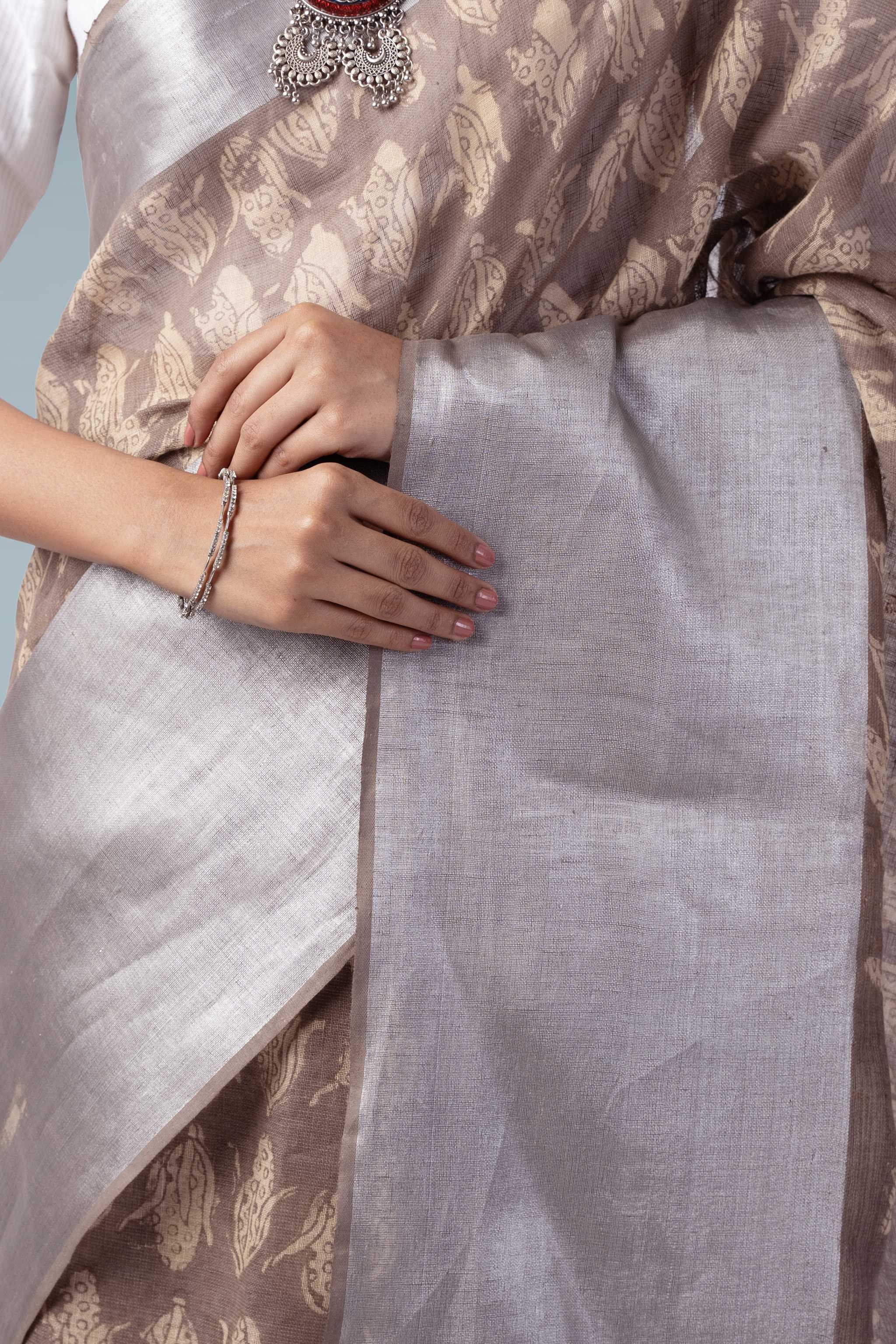 Deep Clay Pure Linen Handwoven Saree | Shahi Dabu Print