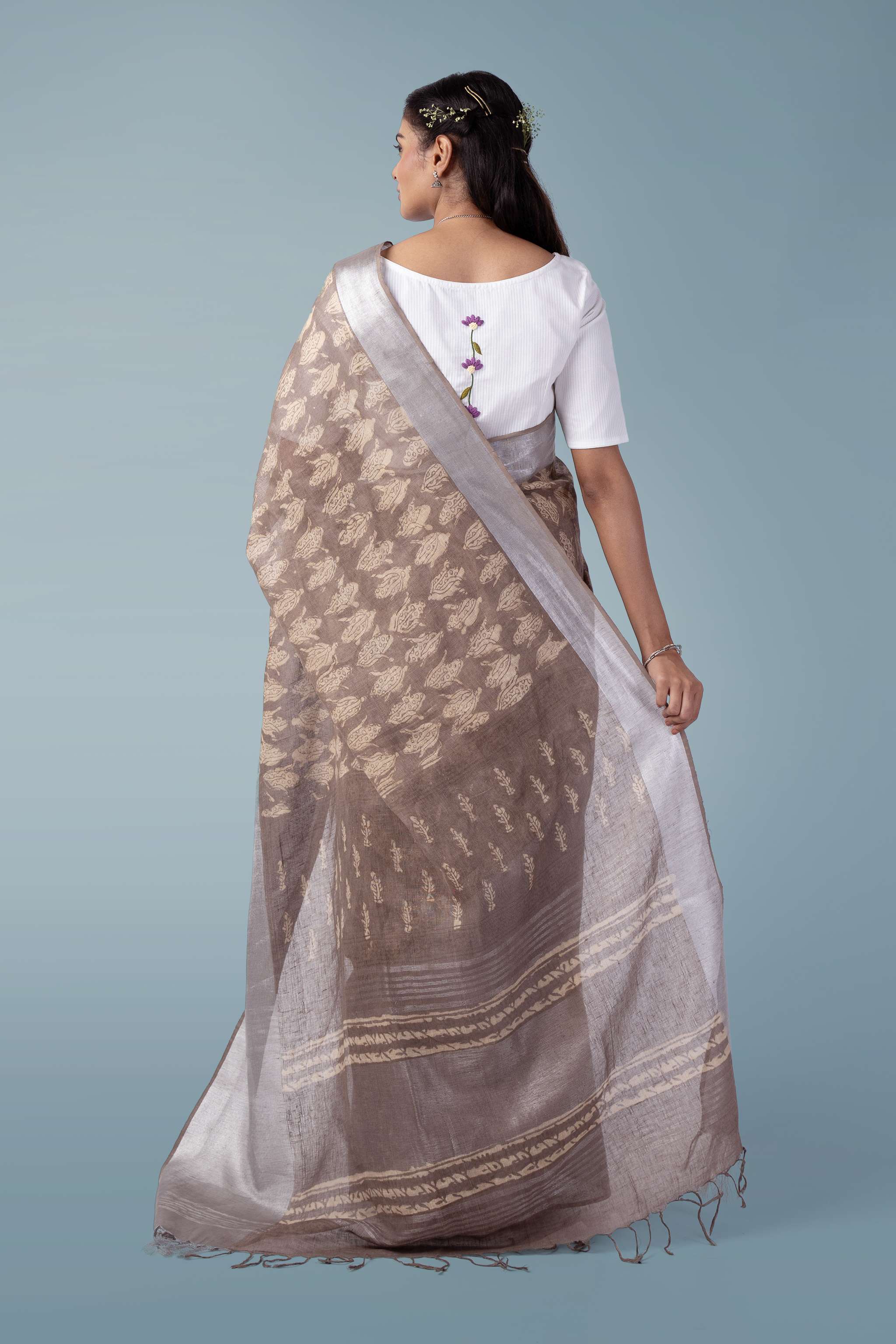 Deep Clay Pure Linen Handwoven Saree | Shahi Dabu Print