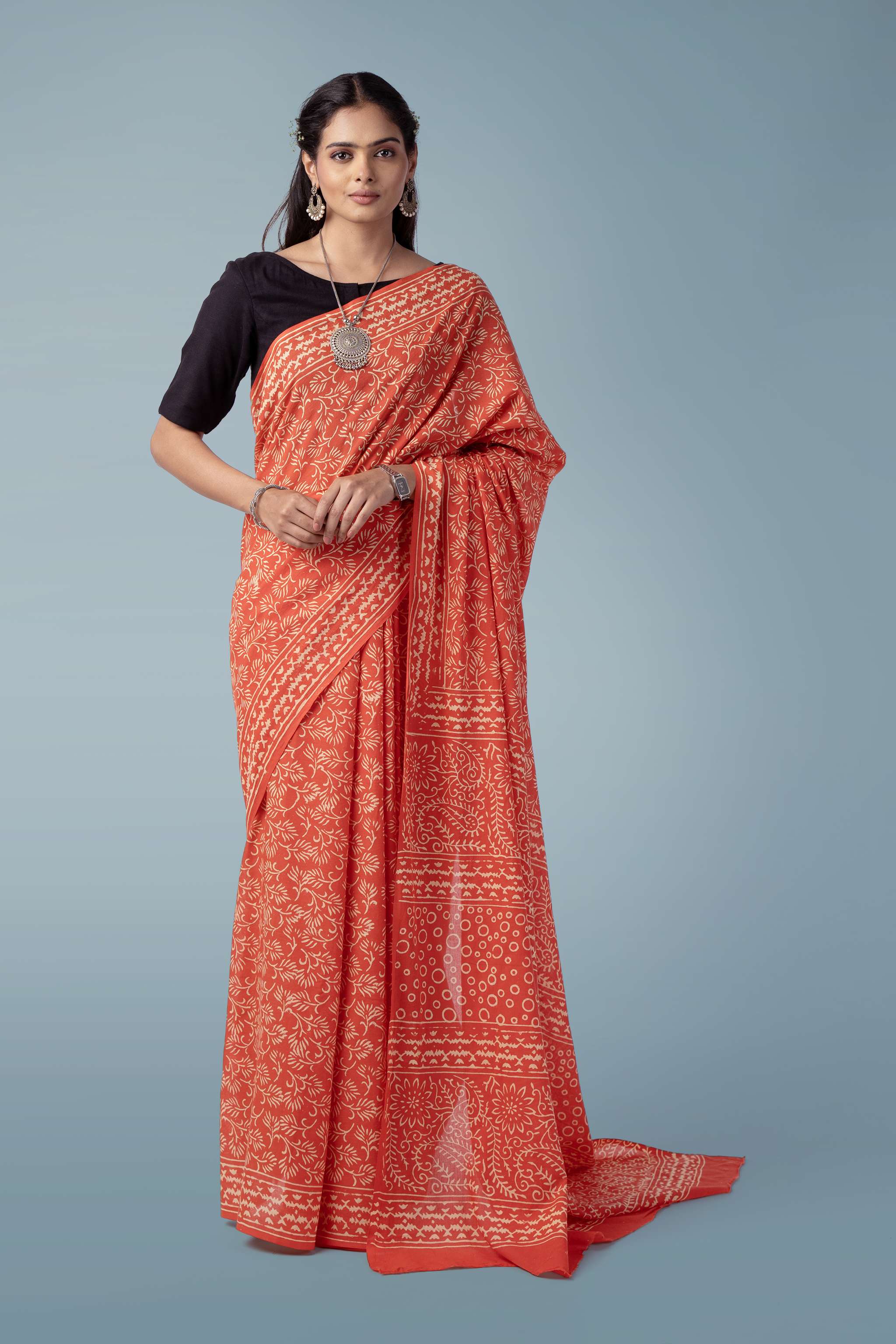 Burnt Orange Ultra-soft Mul Cotton Saree | Jaipur Block Print