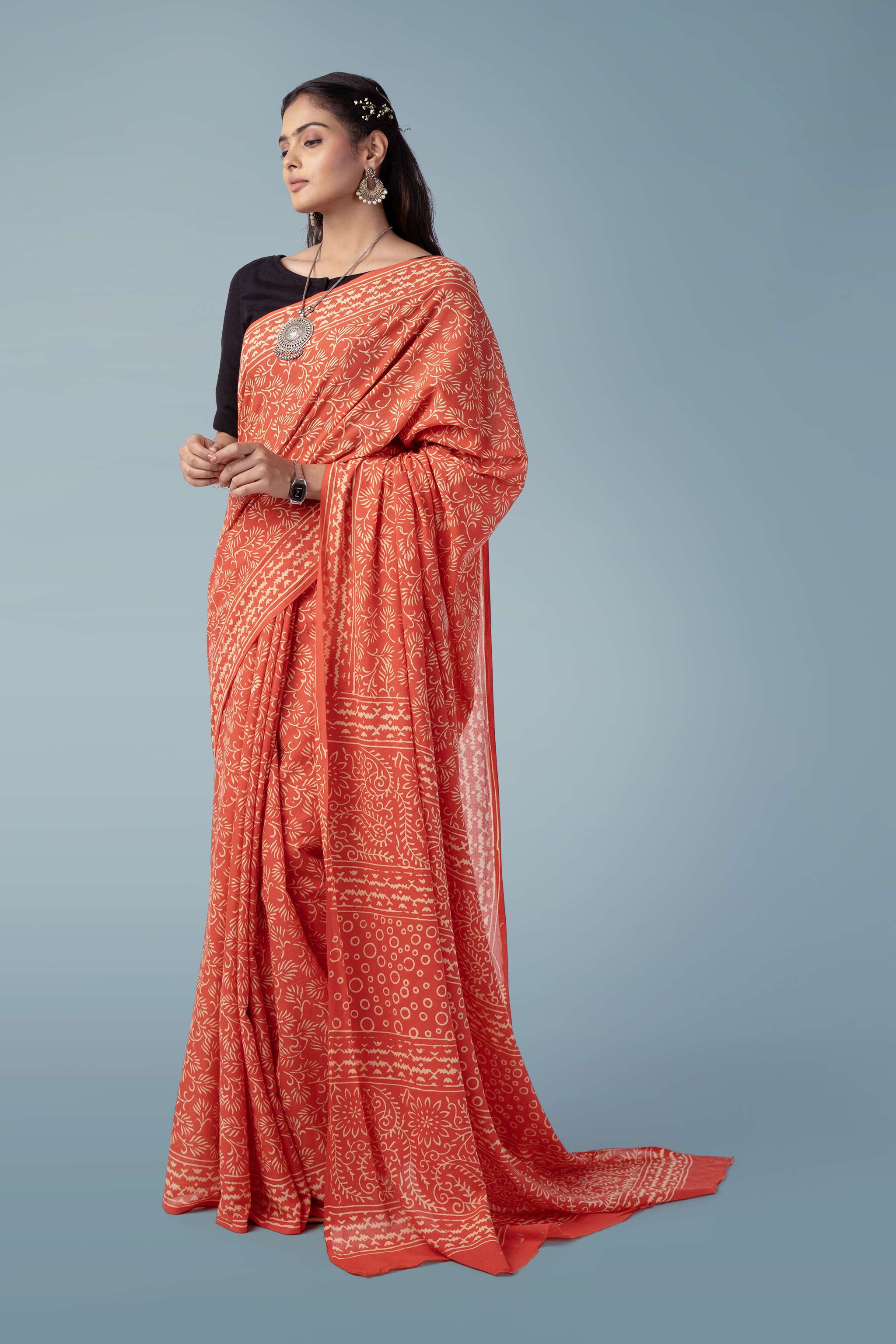 Burnt Orange Ultra-soft Mul Cotton Saree | Jaipur Block Print
