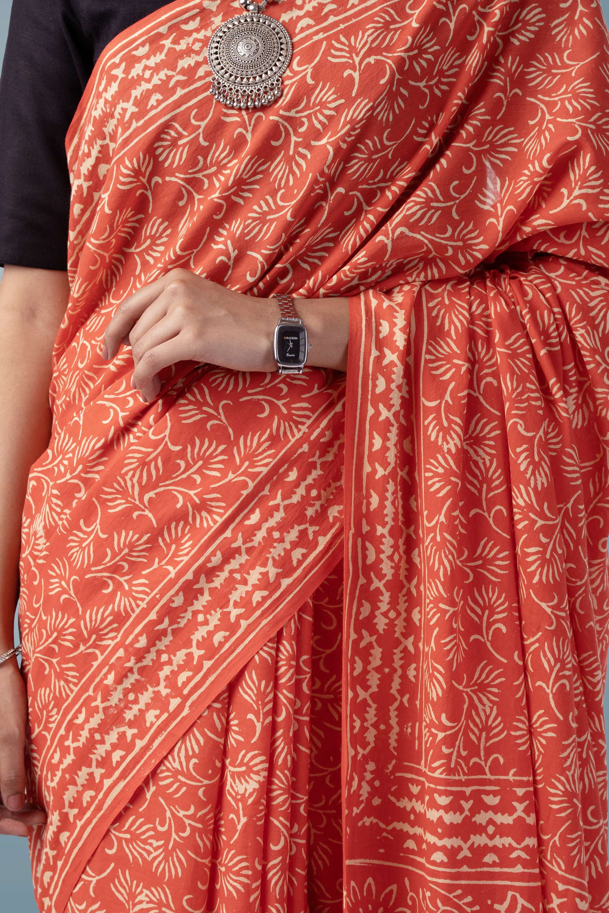 Burnt Orange Ultra-soft Mul Cotton Saree | Jaipur Block Print