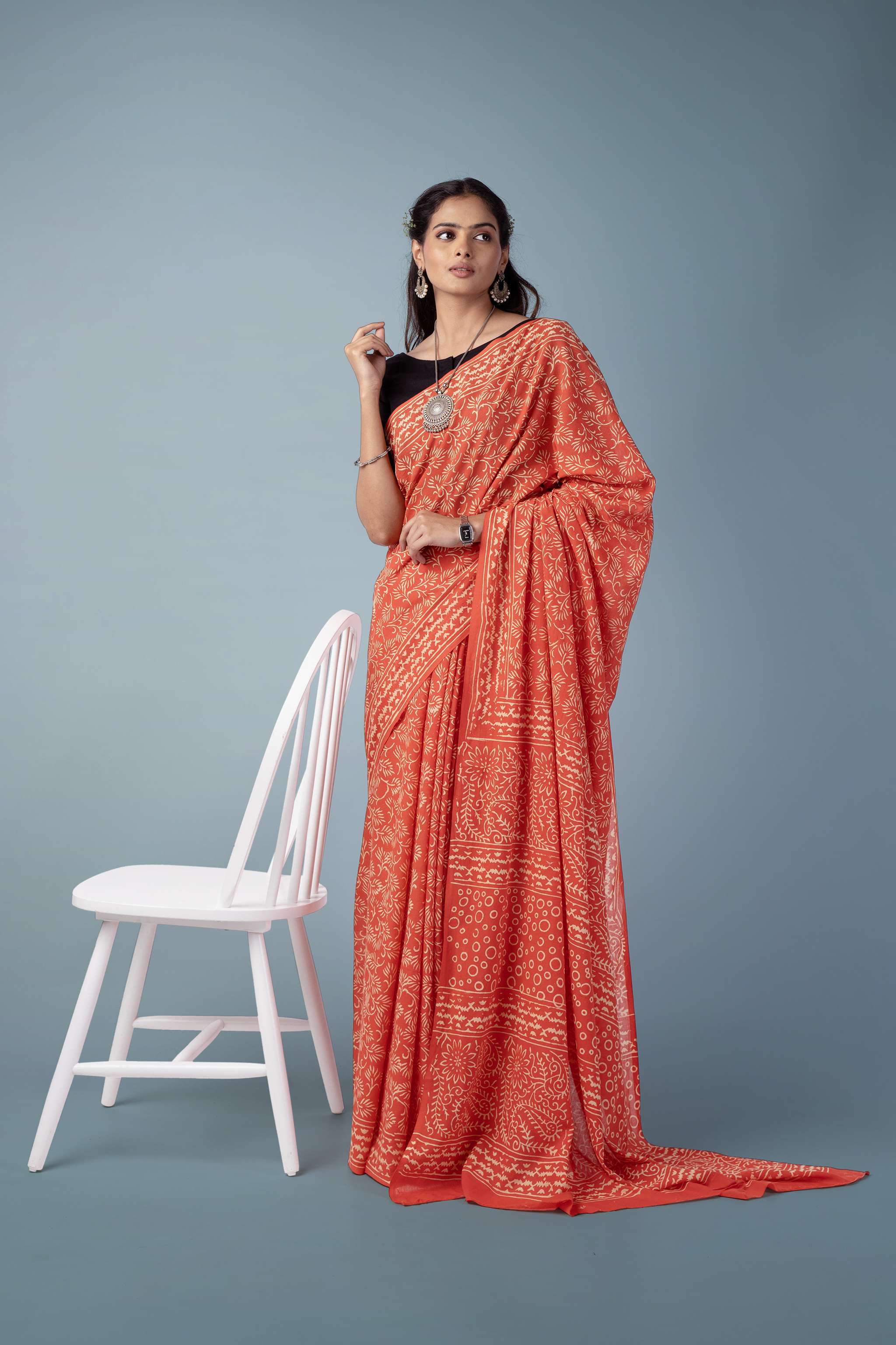 Burnt Orange Ultra-soft Mul Cotton Saree | Jaipur Block Print