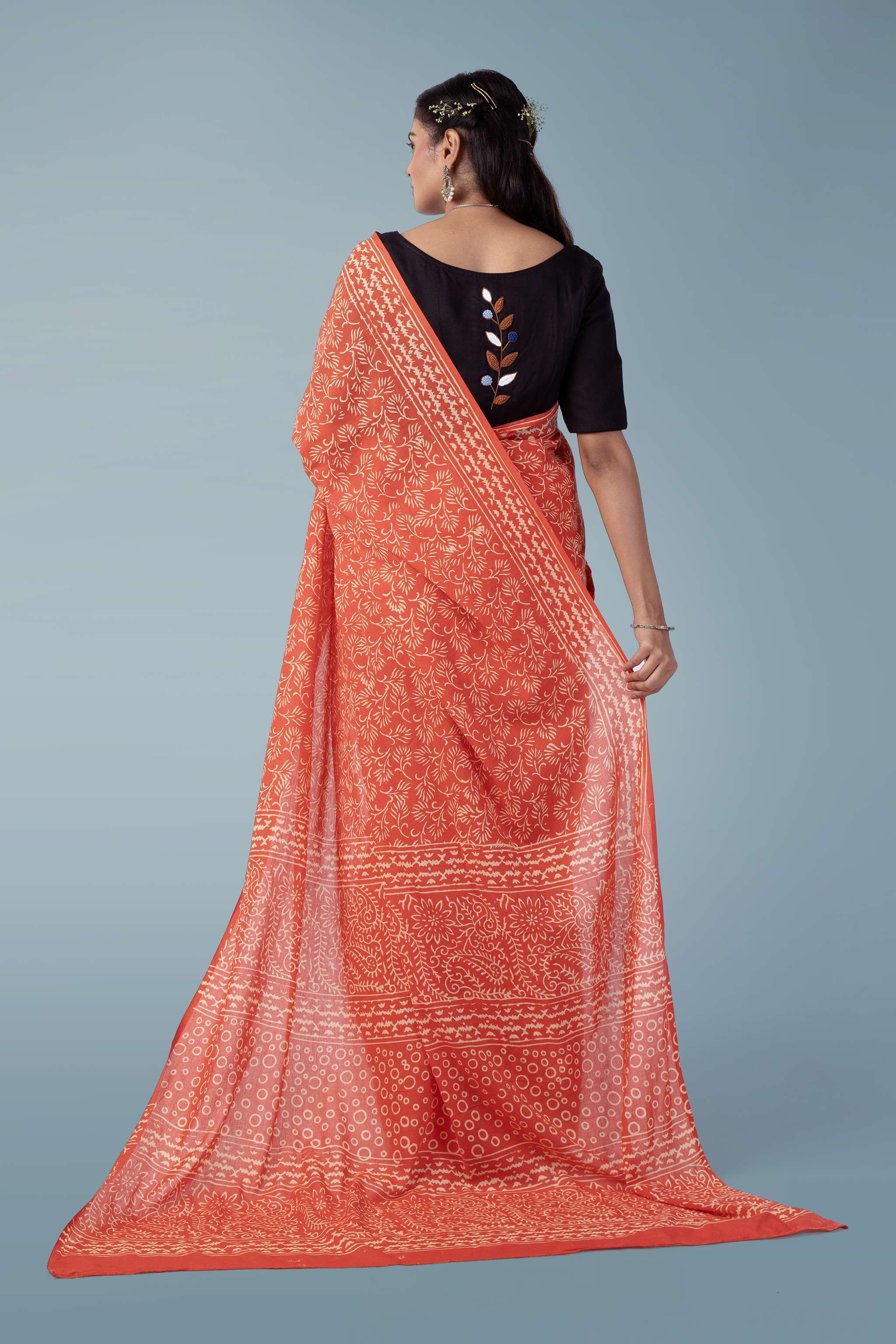 Burnt Orange Ultra-soft Mul Cotton Saree | Jaipur Block Print