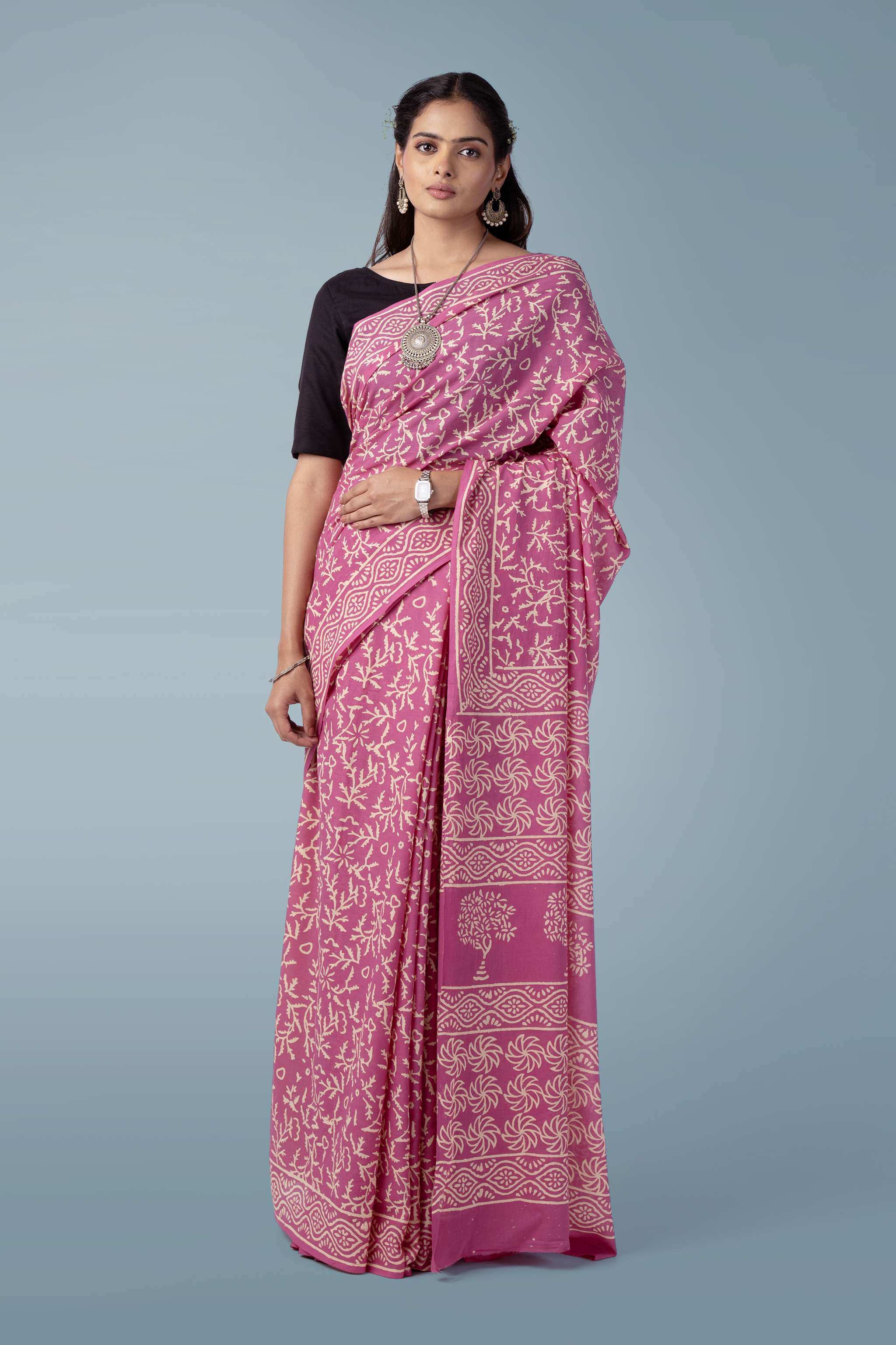 Old Rose Ultra-soft Mul Cotton Saree | Jaipur Block Print