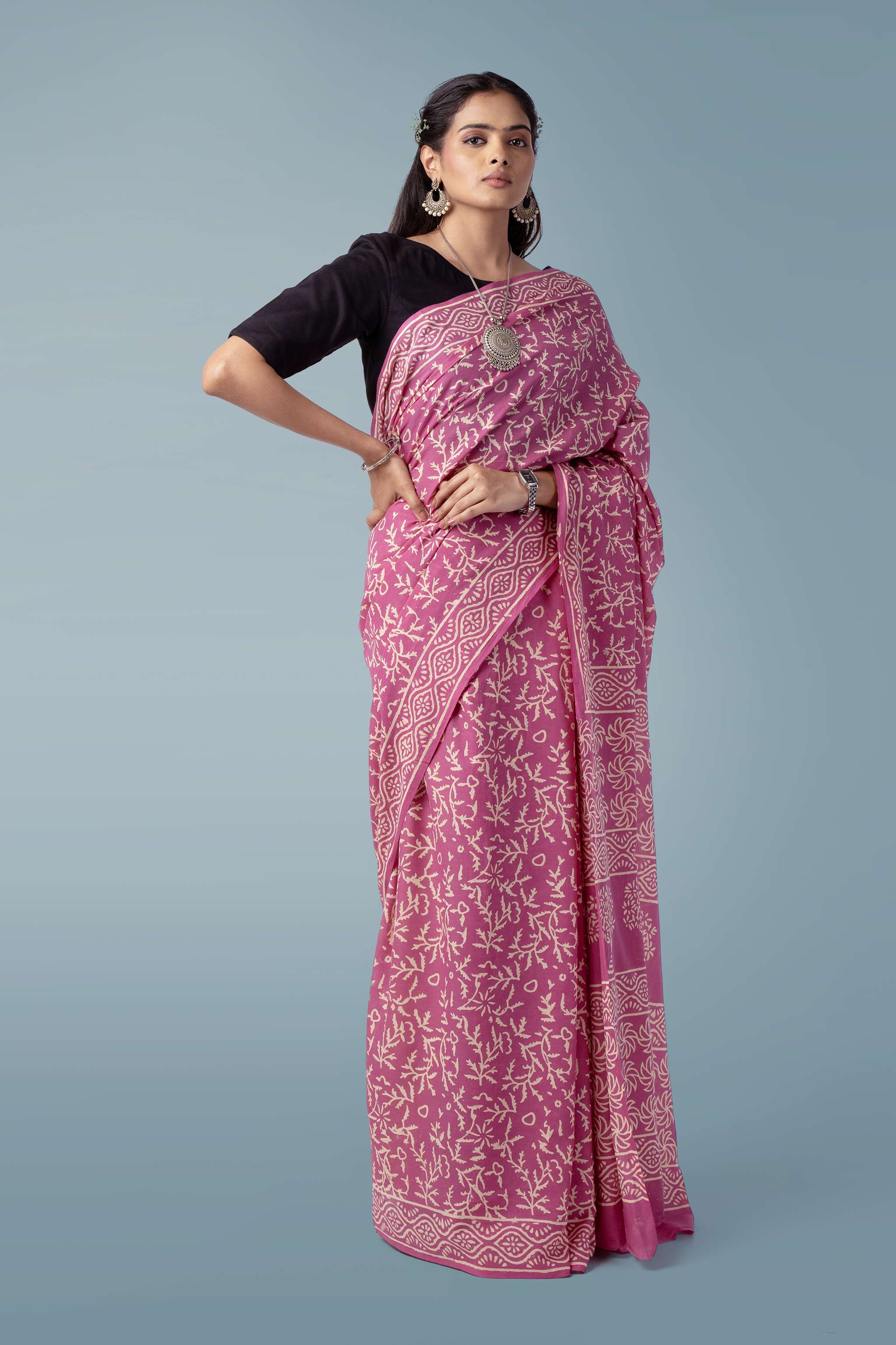 Old Rose Ultra-soft Mul Cotton Saree | Jaipur Block Print