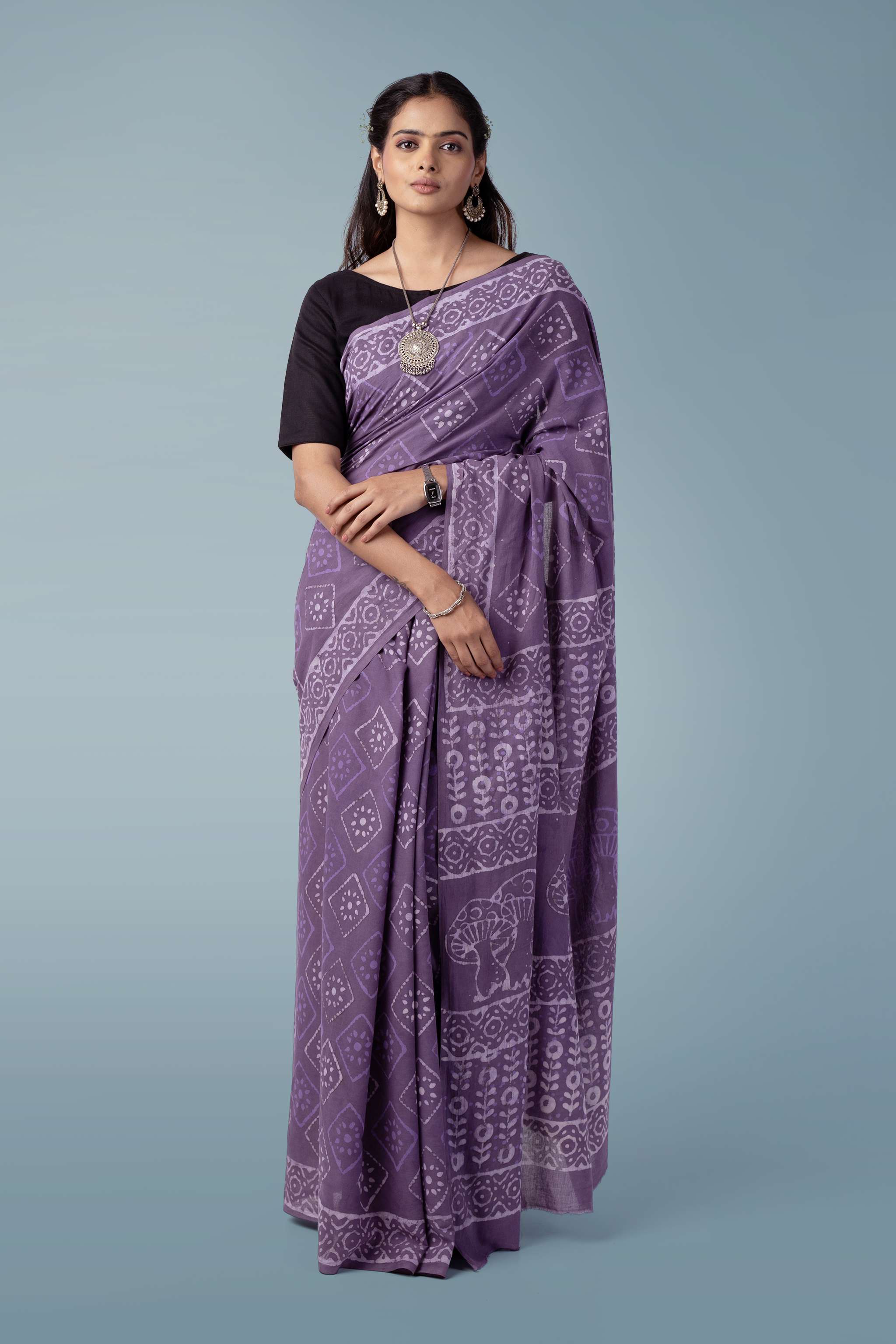 Lavender Ultra-soft Mul Cotton Saree | Dabu Hand Block Print