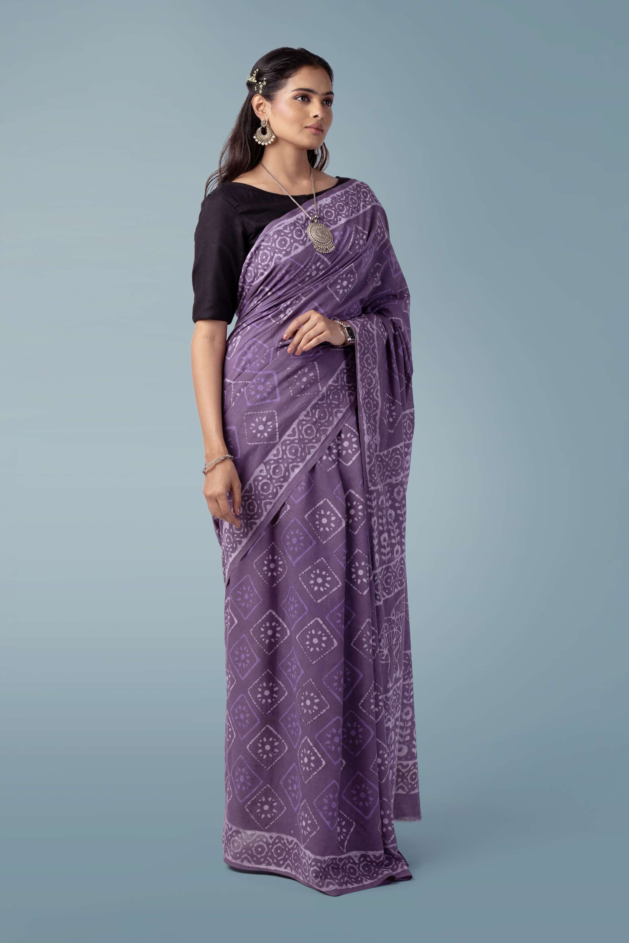 Lavender Ultra-soft Mul Cotton Saree | Dabu Hand Block Print