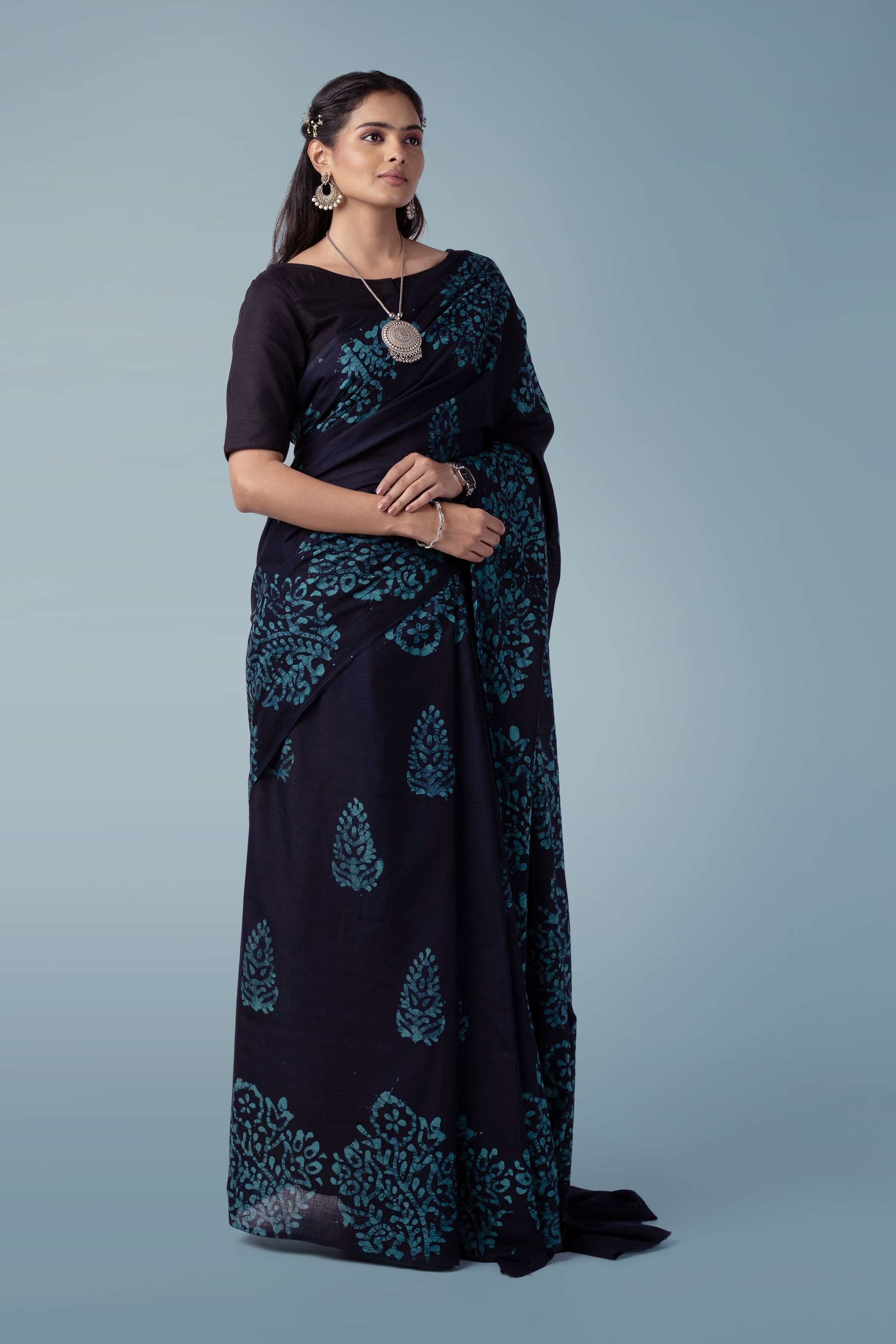 Midnight Blue Ultra-soft Mul Cotton Saree | Batik Hand Block Print