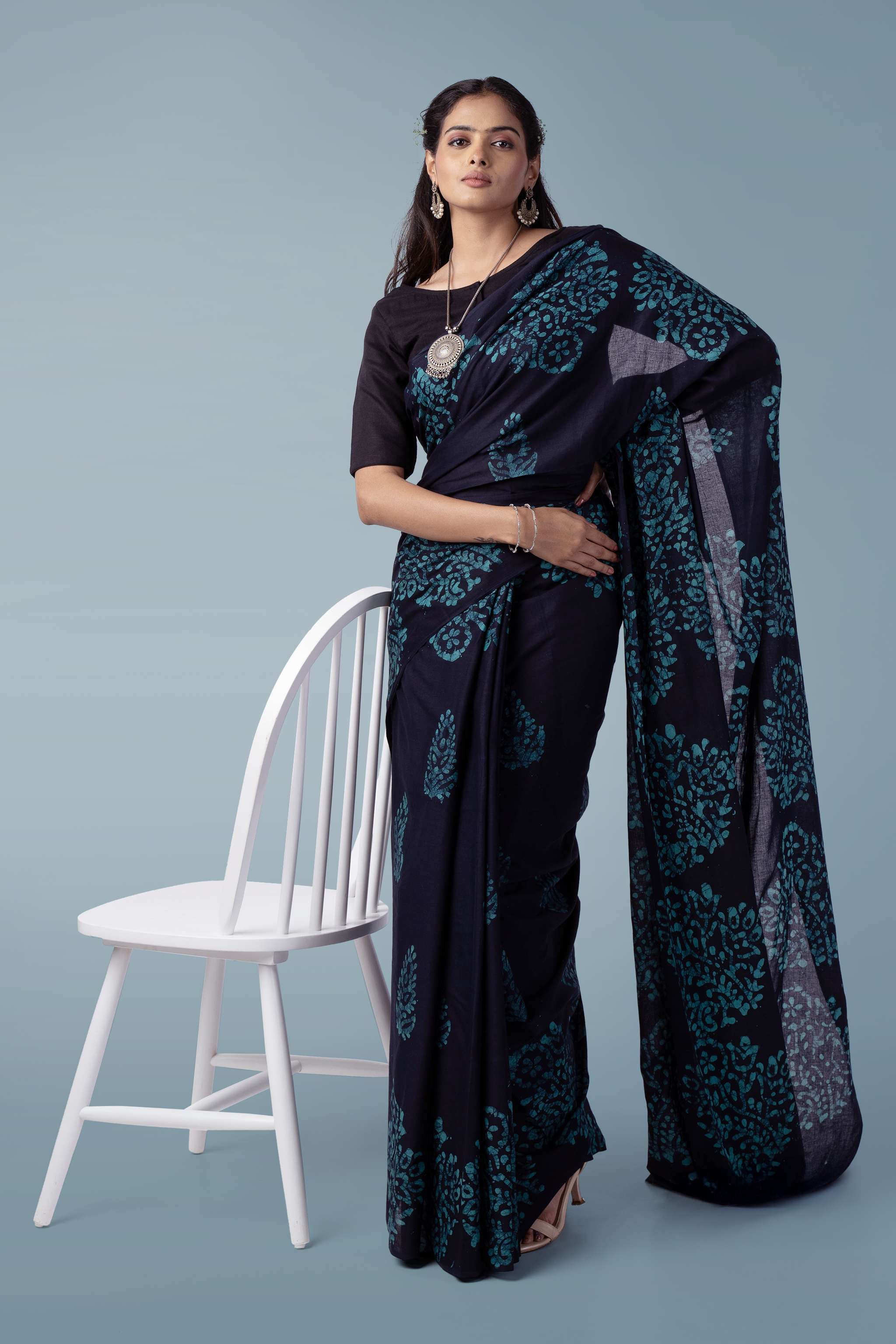 Midnight Blue Ultra-soft Mul Cotton Saree | Batik Hand Block Print