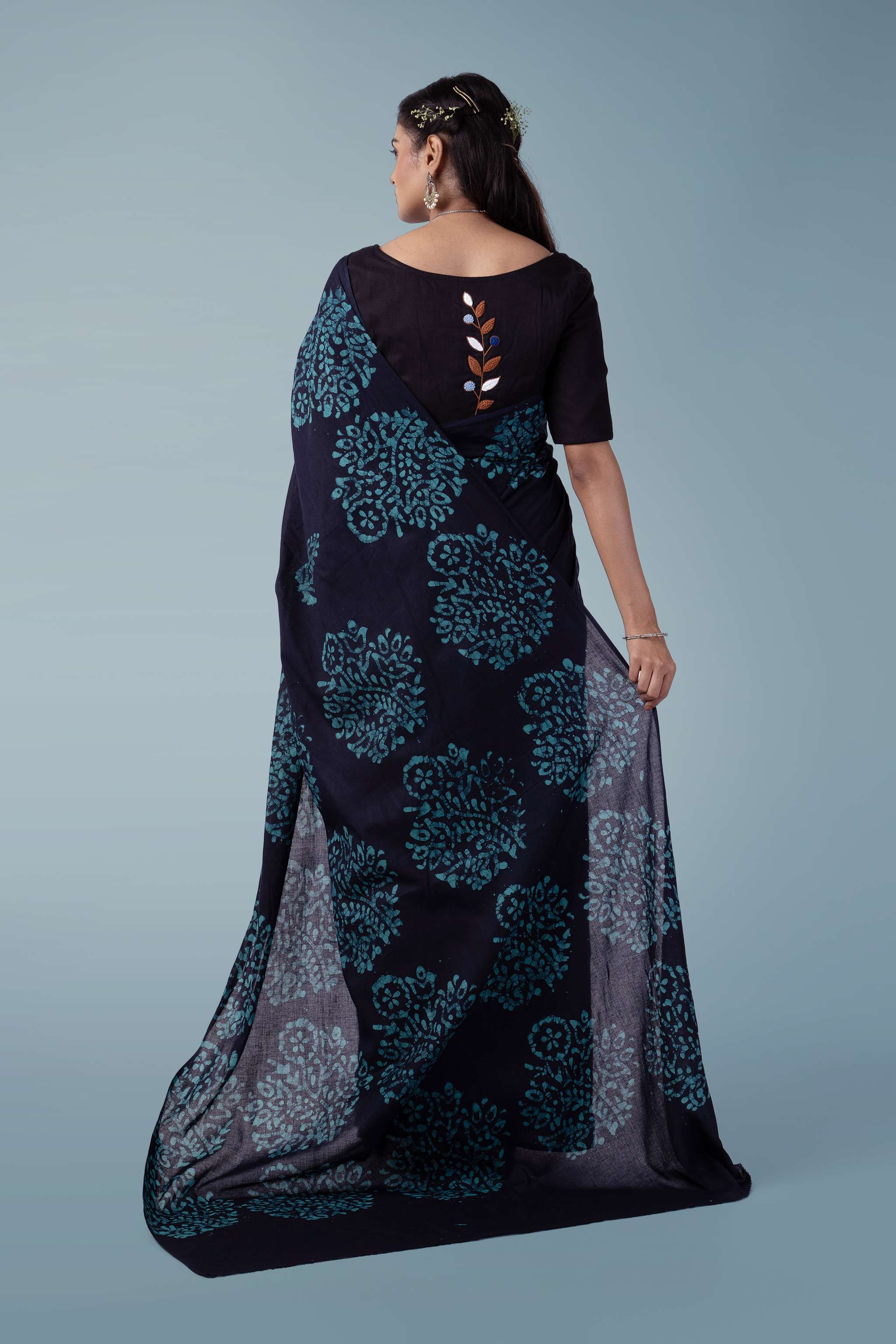 Midnight Blue Ultra-soft Mul Cotton Saree | Batik Hand Block Print
