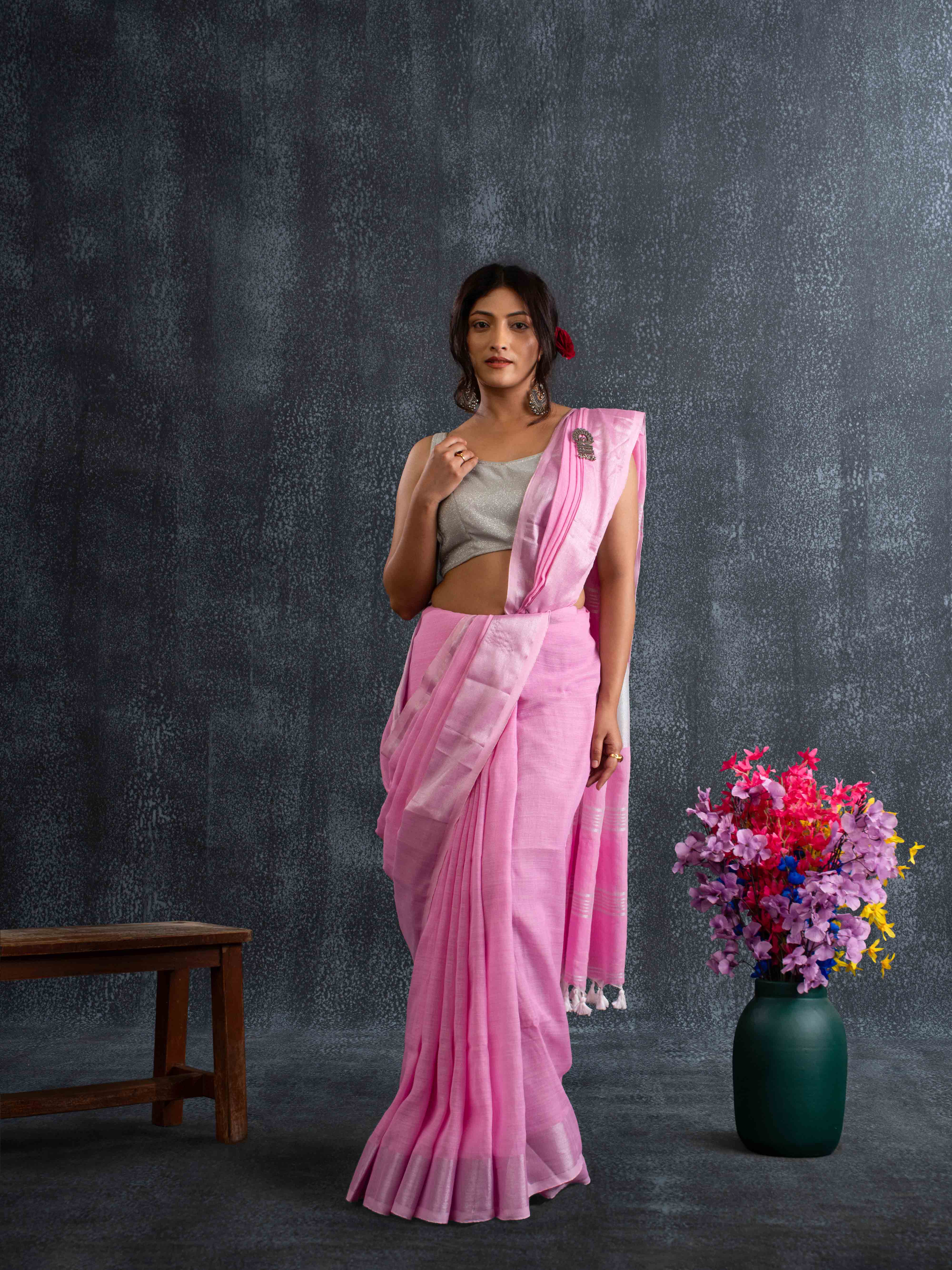 Plush Pastel-Pink 100% Organic Linen Saree