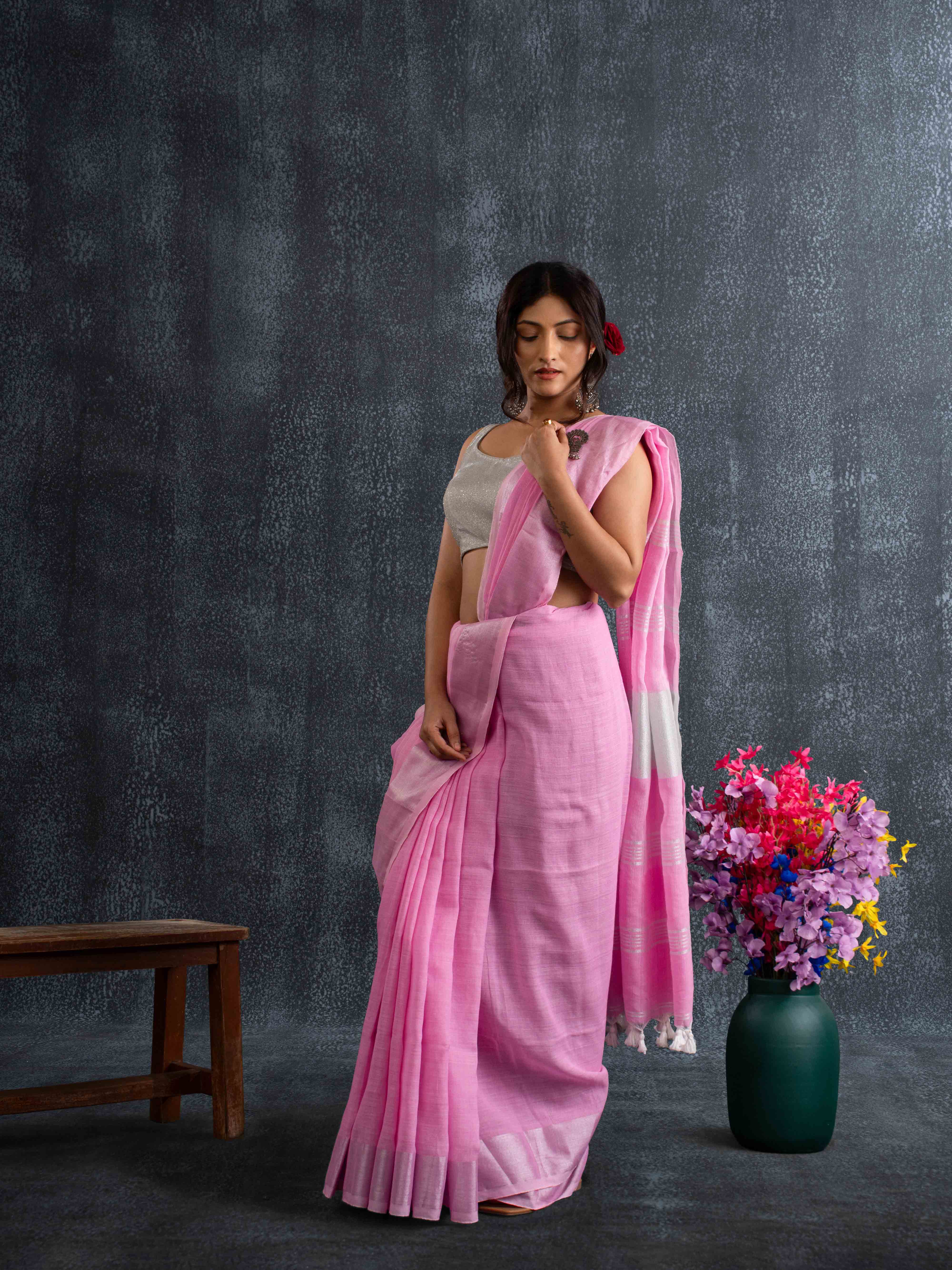 Plush Pastel-Pink 100% Organic Linen Saree