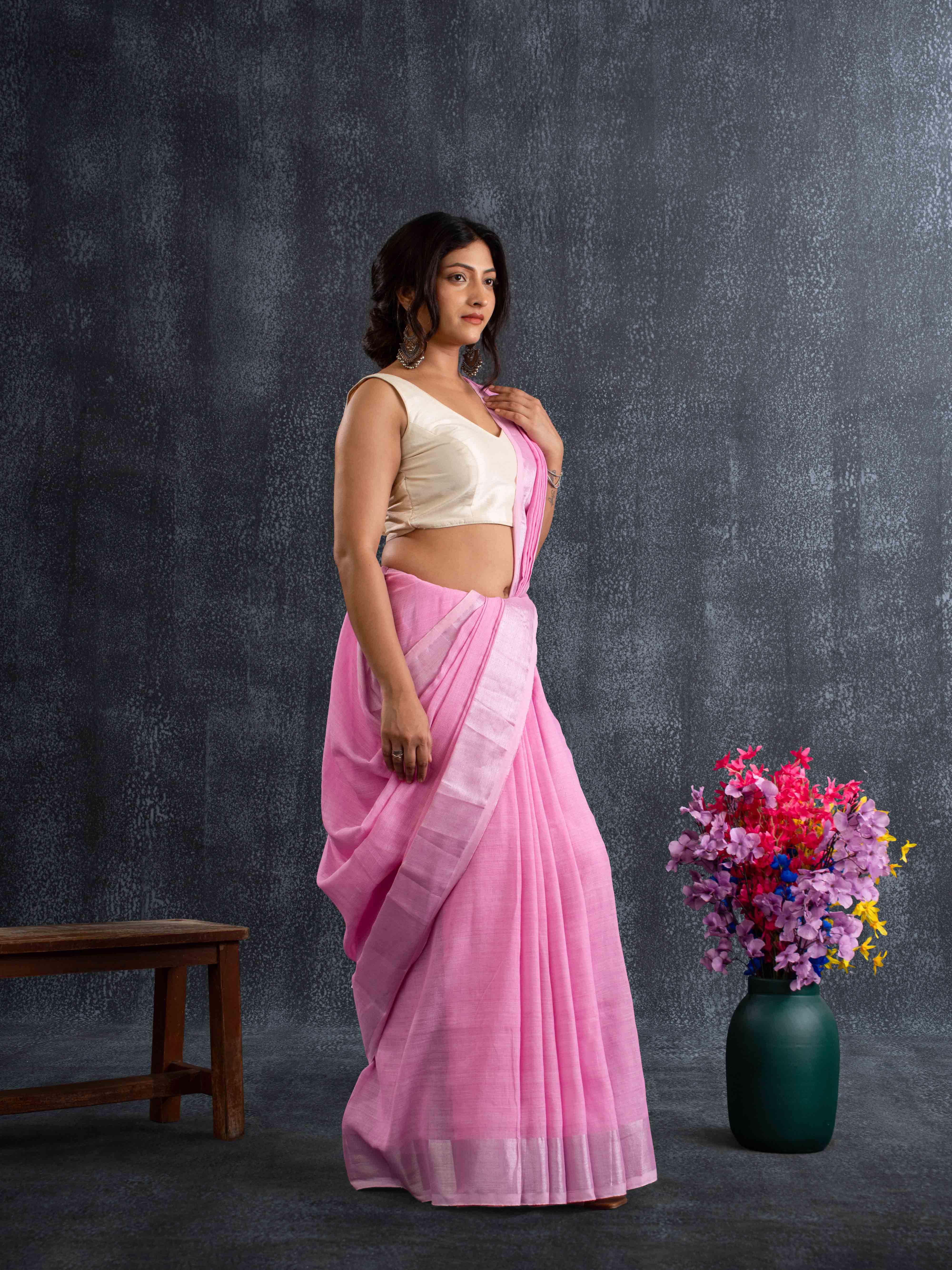 Plush Pastel-Pink 100% Organic Linen Saree