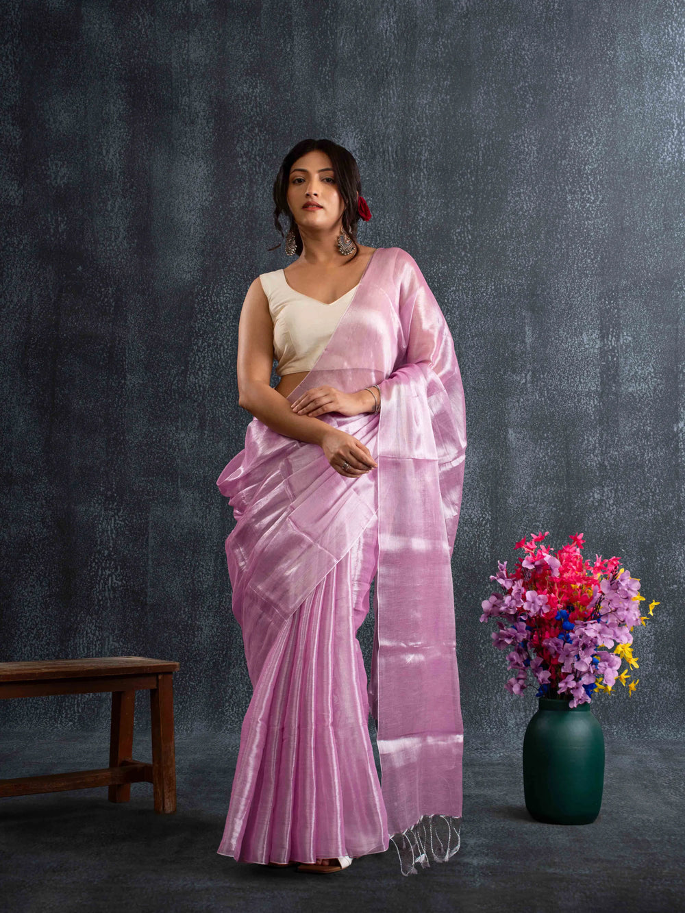 Supple Lavender-Pink Tissue Silk Plain Saree