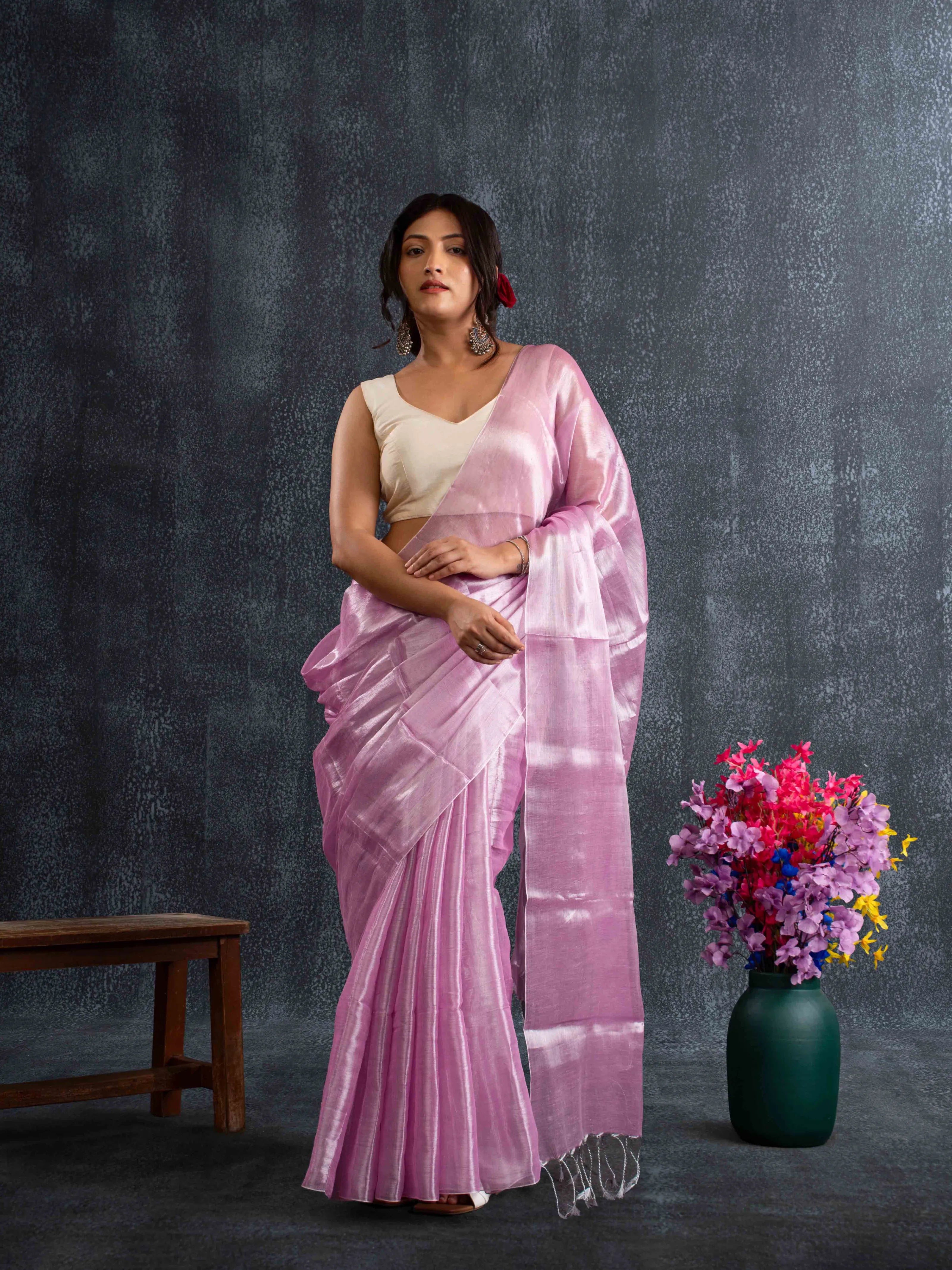 Supple Lavender-Pink Tissue Silk Plain Saree
