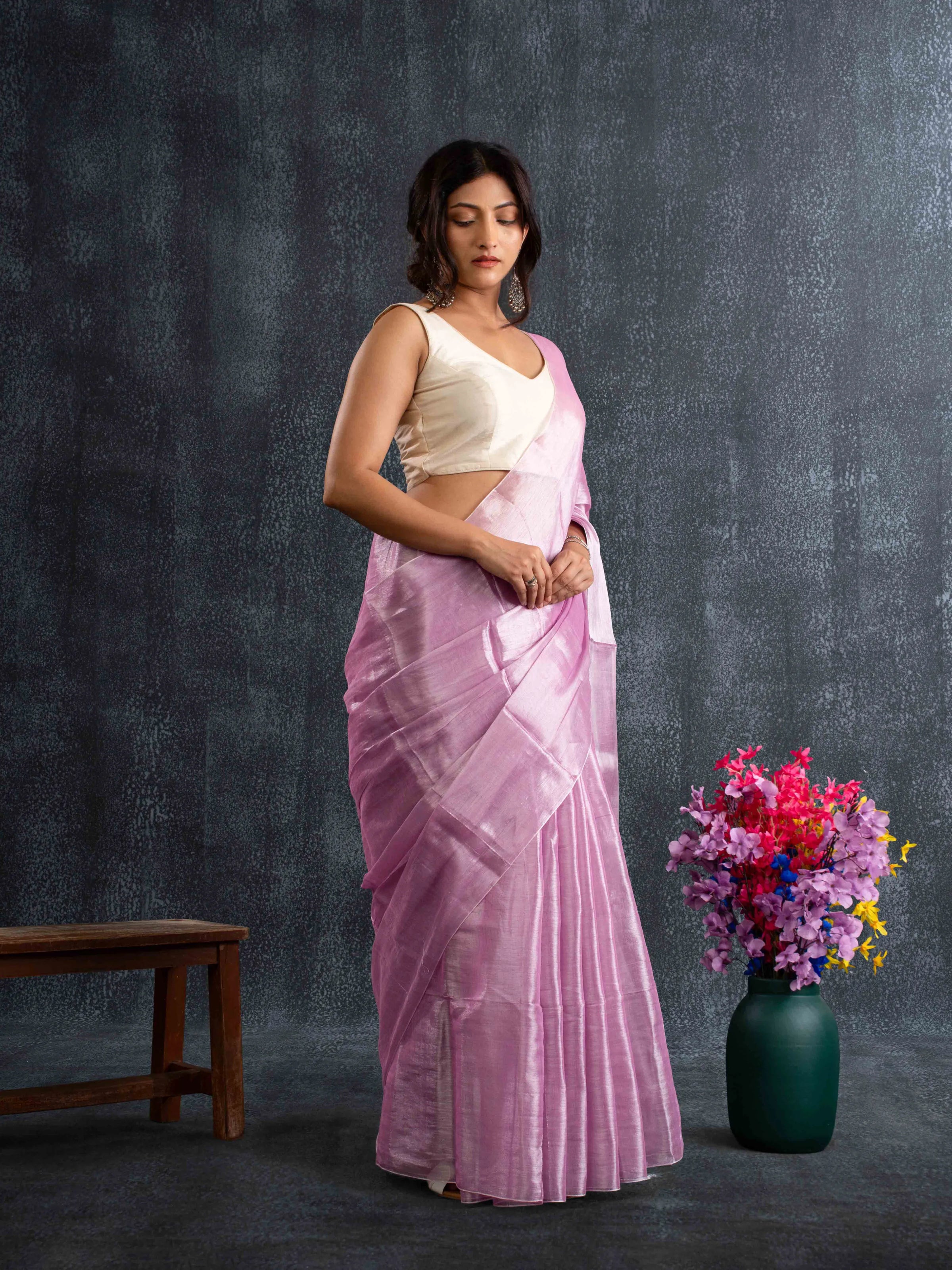 Supple Lavender-Pink Tissue Silk Plain Saree