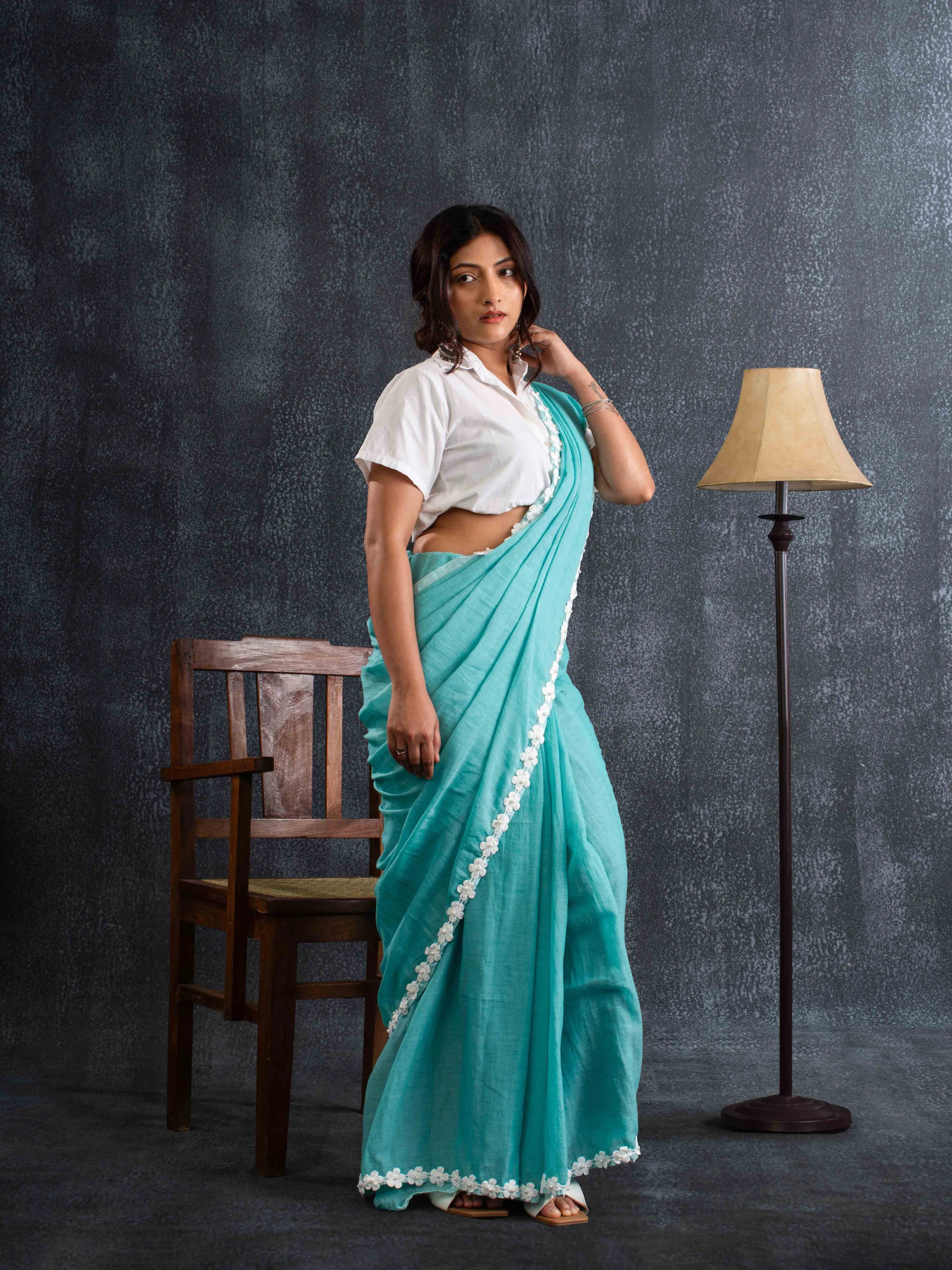 Ultra-soft Mint Green Mul Cotton Saree with Floral Applique
