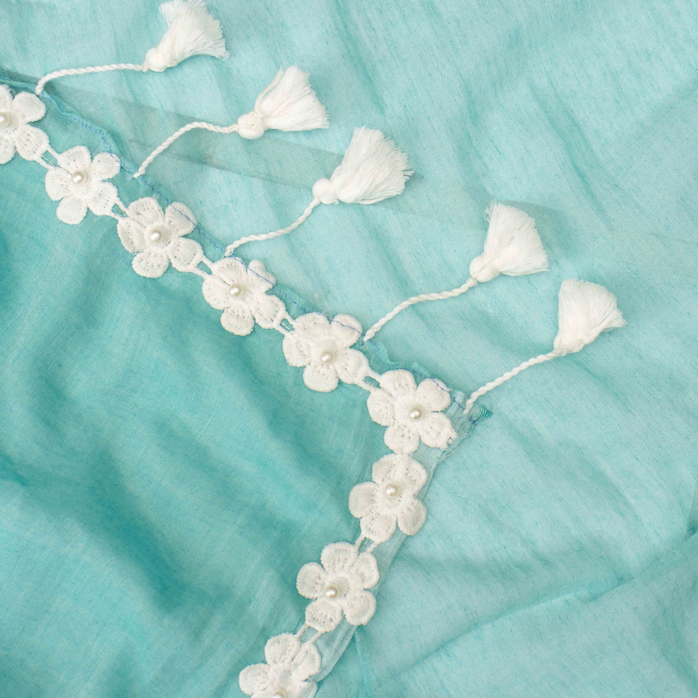 Ultra-soft Mint Green Mul Cotton Saree with Floral Applique