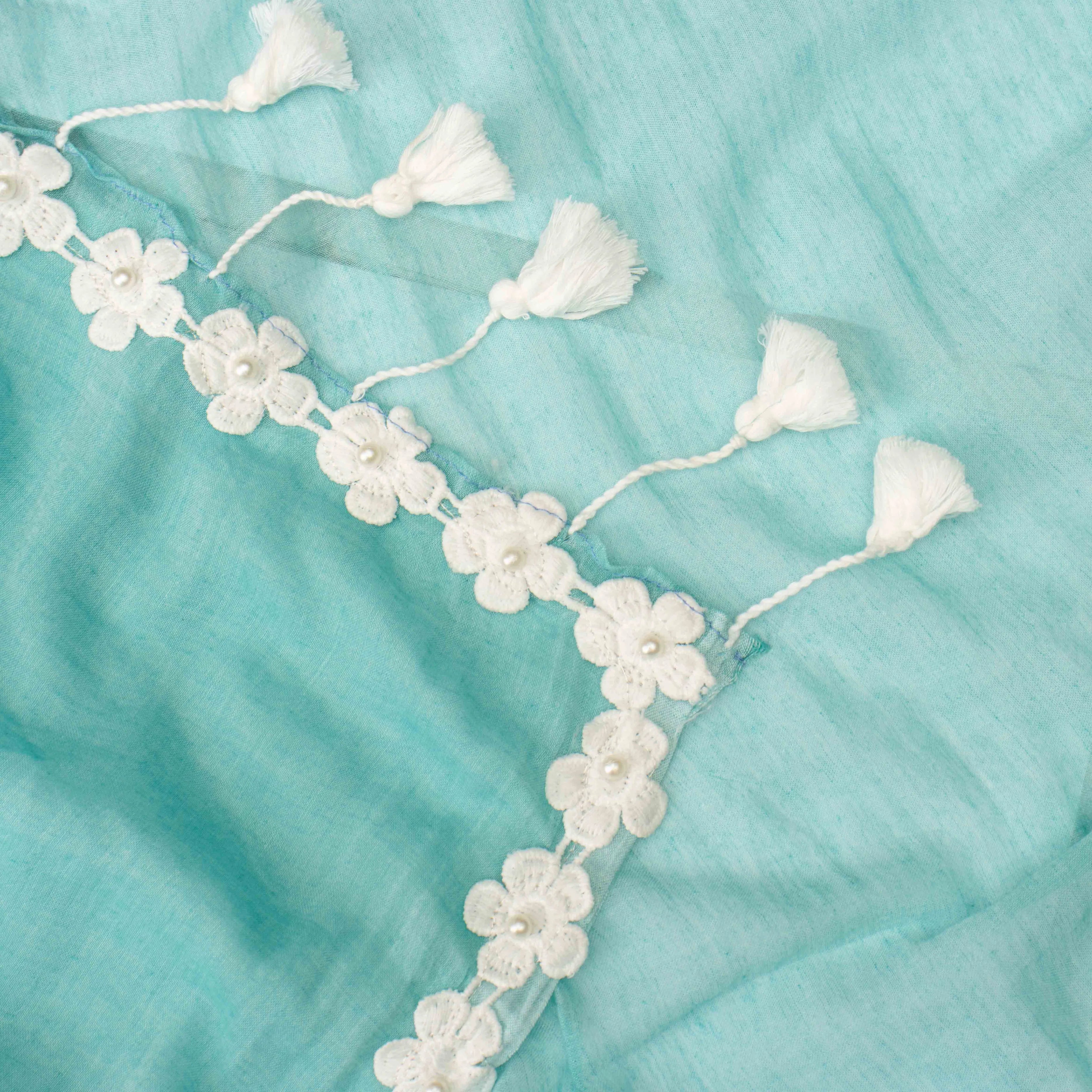 Ultra-soft Mint Green Mul Cotton Saree with Floral Applique