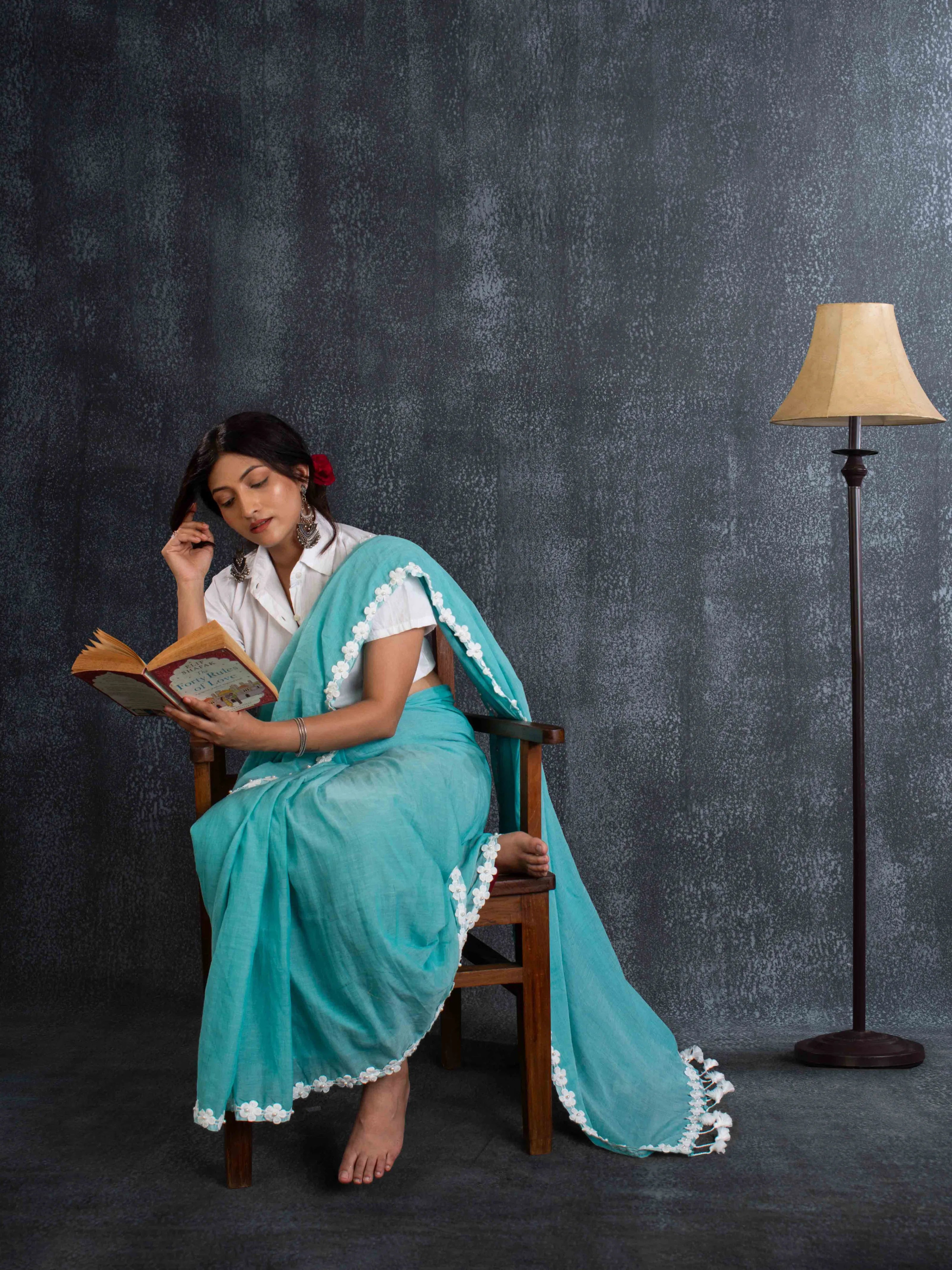 Ultra-soft Mint Green Mul Cotton Saree with Floral Applique