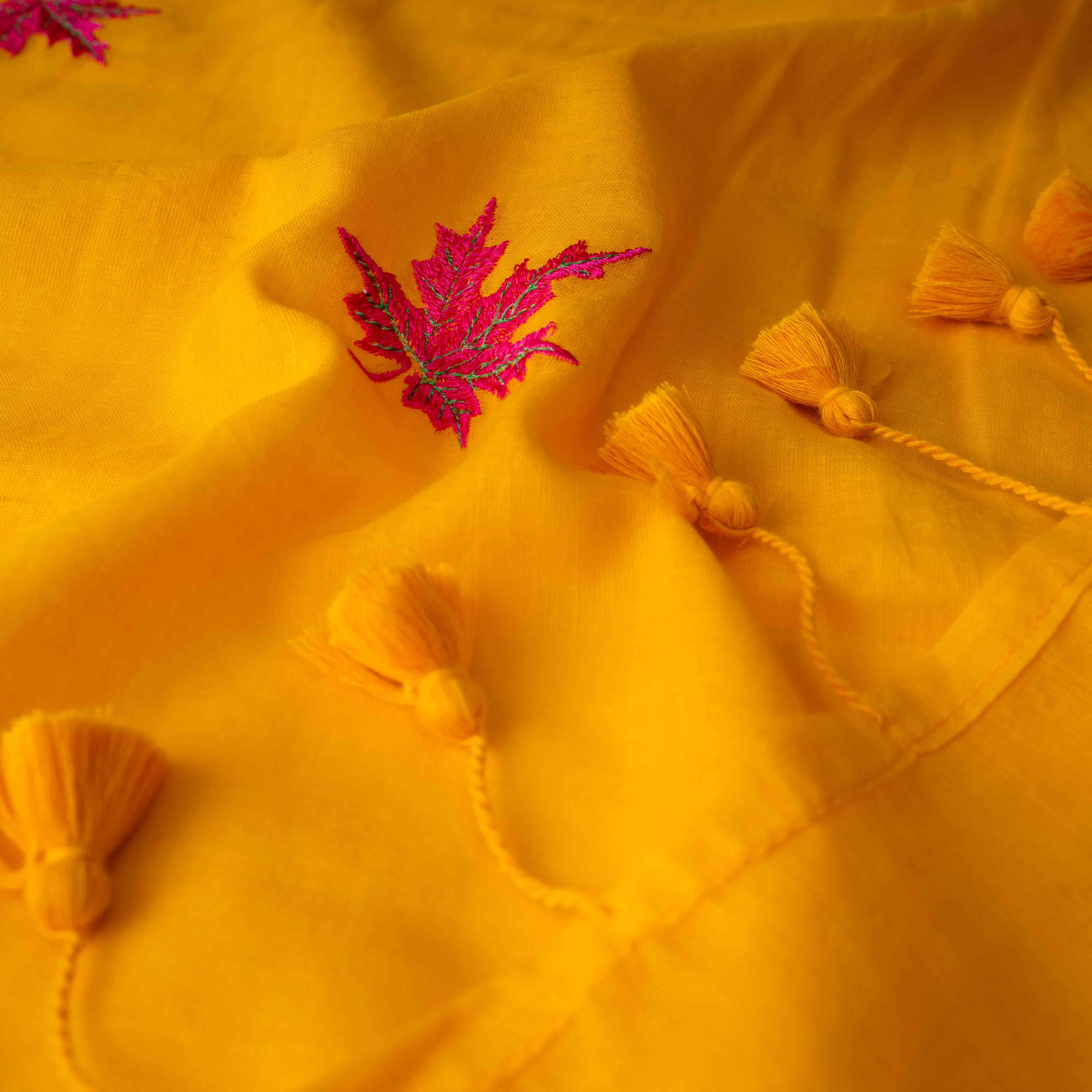 Featherlight Mul Cotton Saree with Thread Leaf Work in Sunflower Yellow