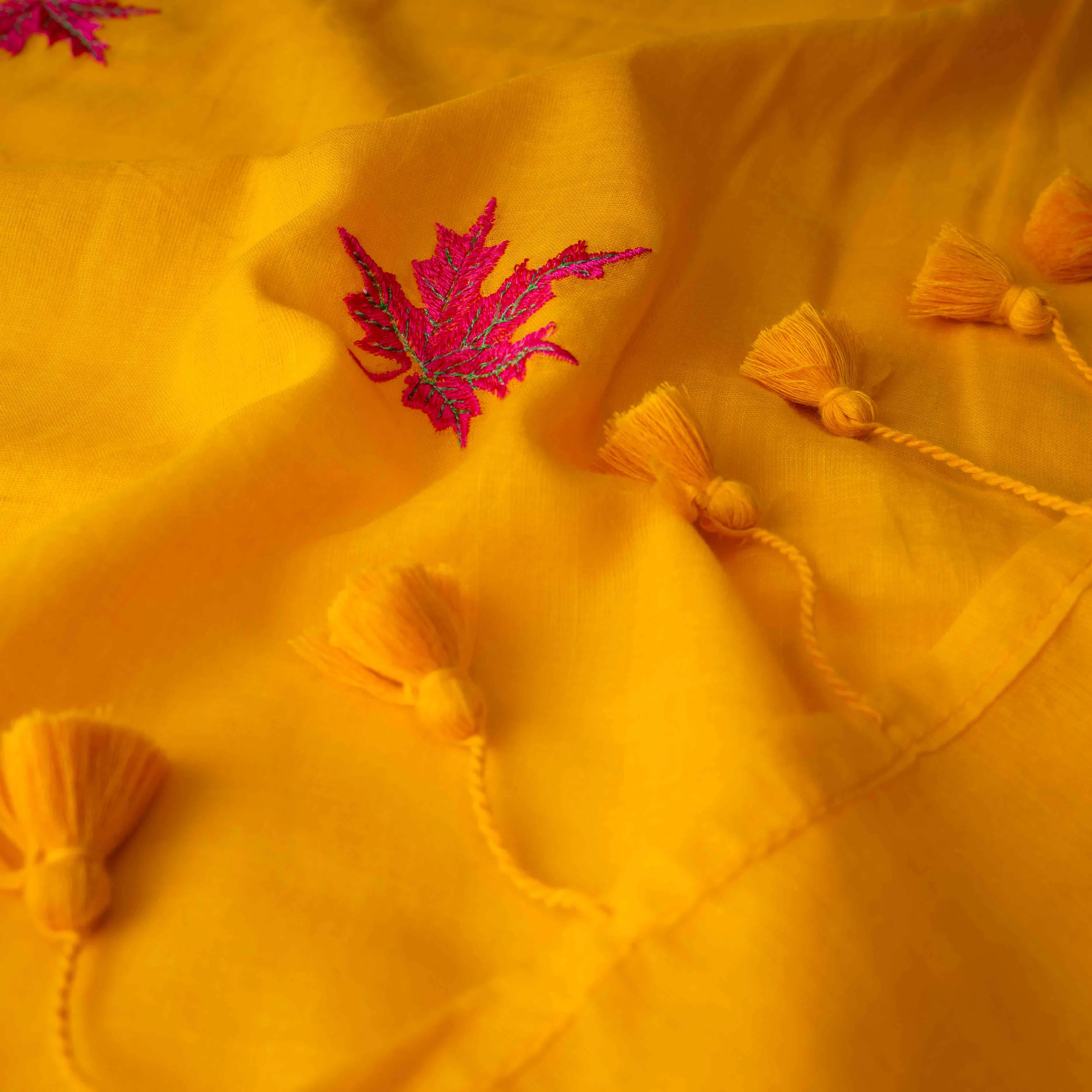 Featherlight Mul Cotton Saree with Thread Leaf Work in Sunflower Yellow