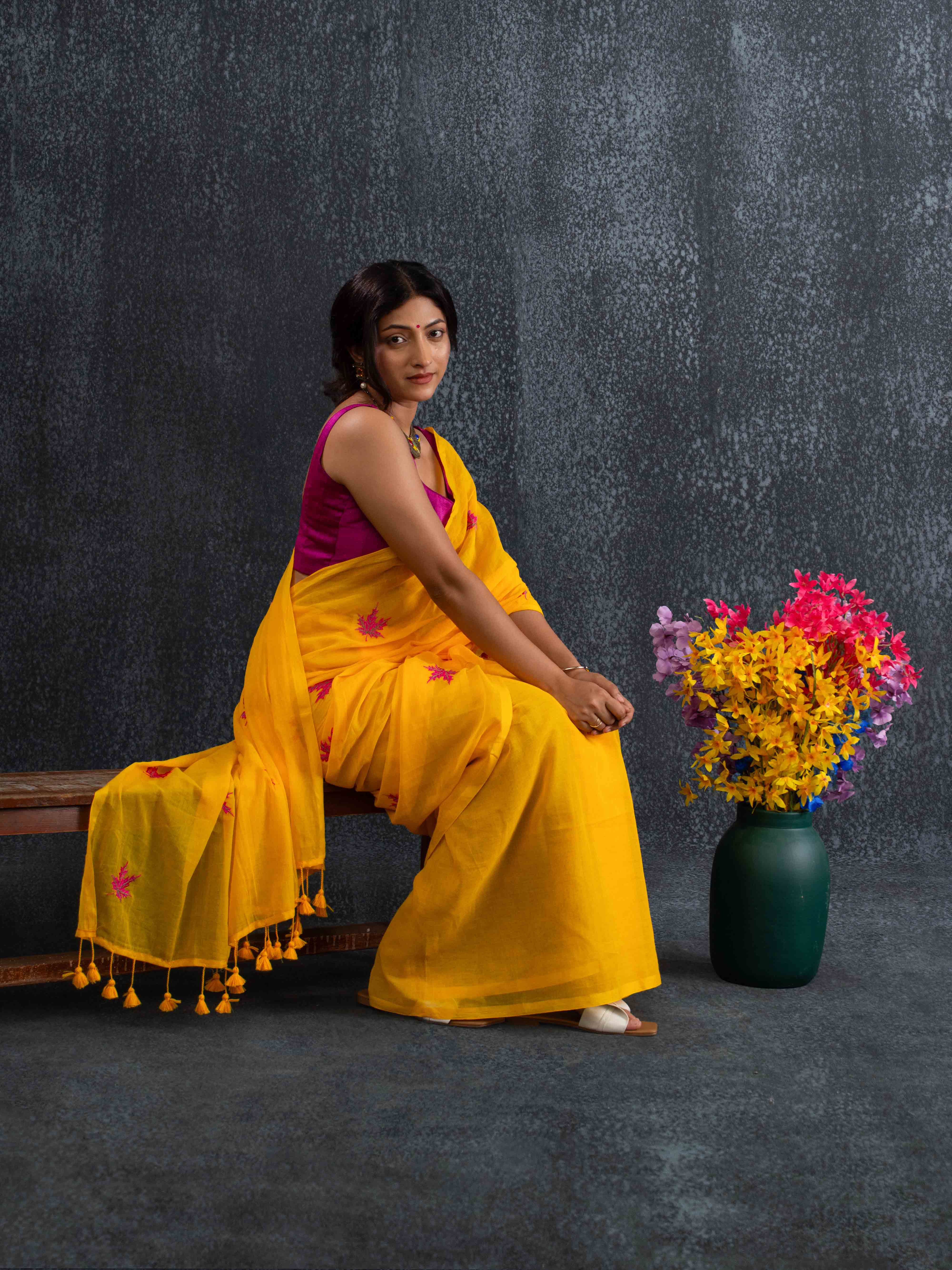 Featherlight Mul Cotton Saree with Thread Leaf Work in Sunflower Yellow