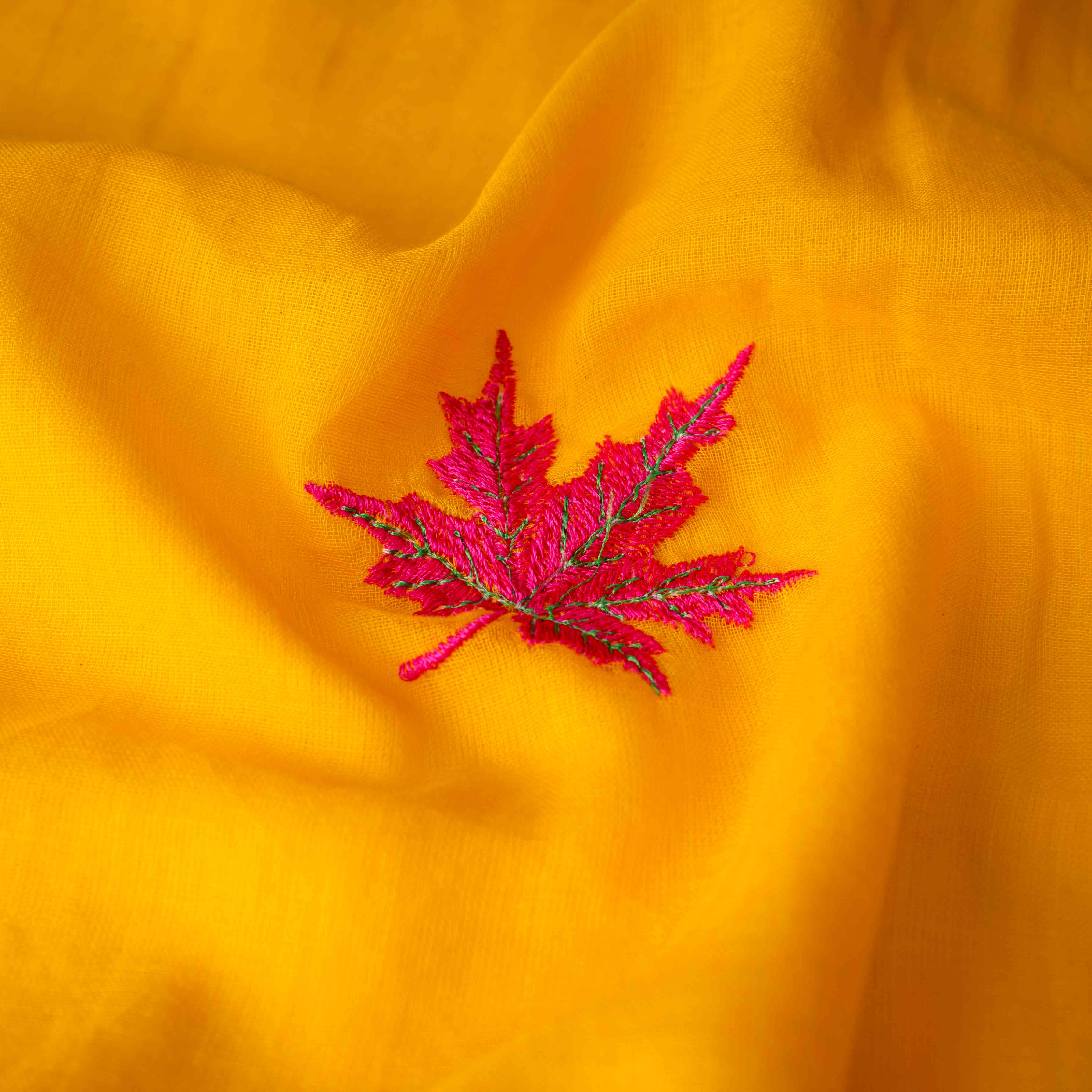 Featherlight Mul Cotton Saree with Thread Leaf Work in Sunflower Yellow