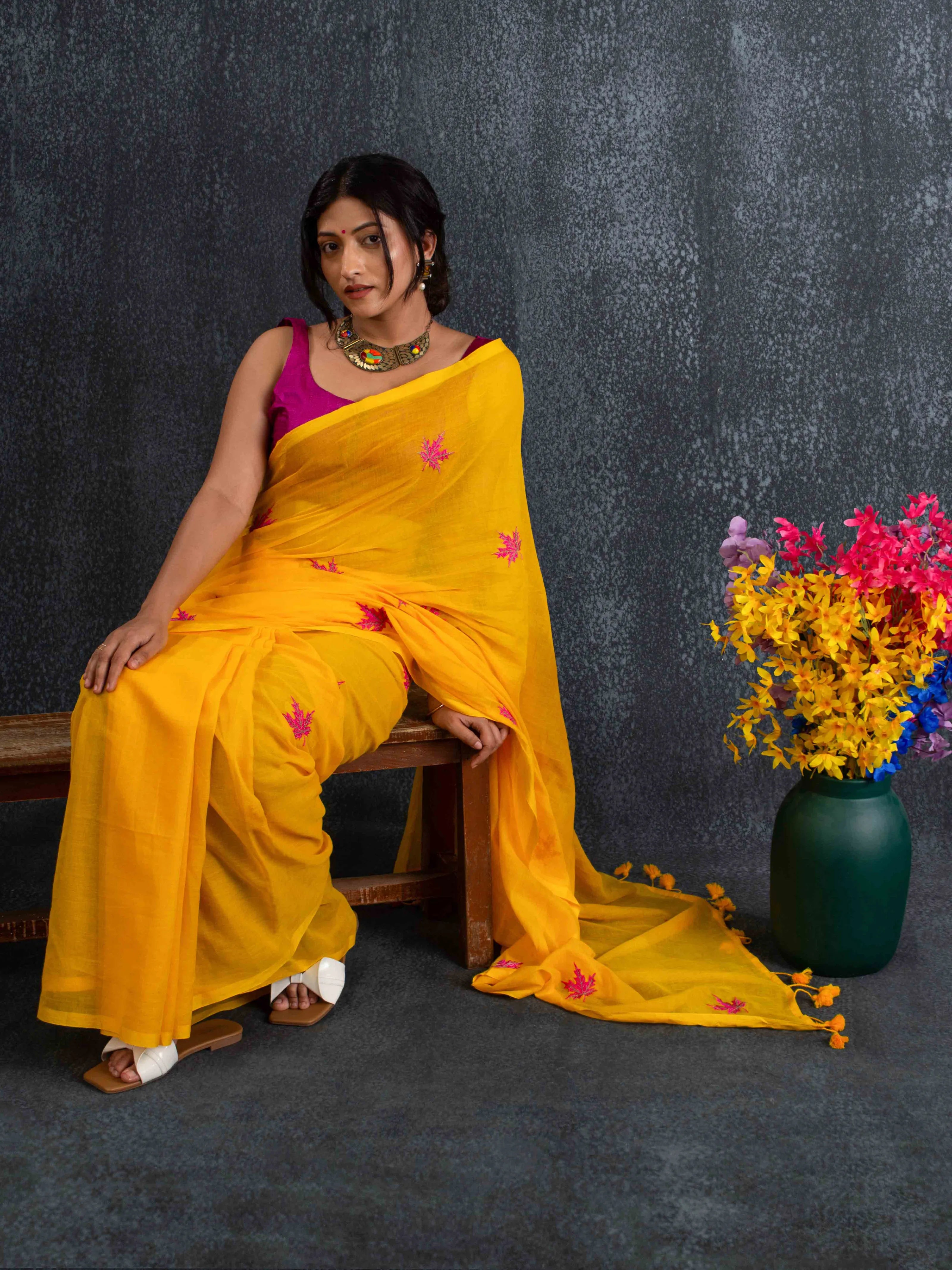 Featherlight Mul Cotton Saree with Thread Leaf Work in Sunflower Yellow