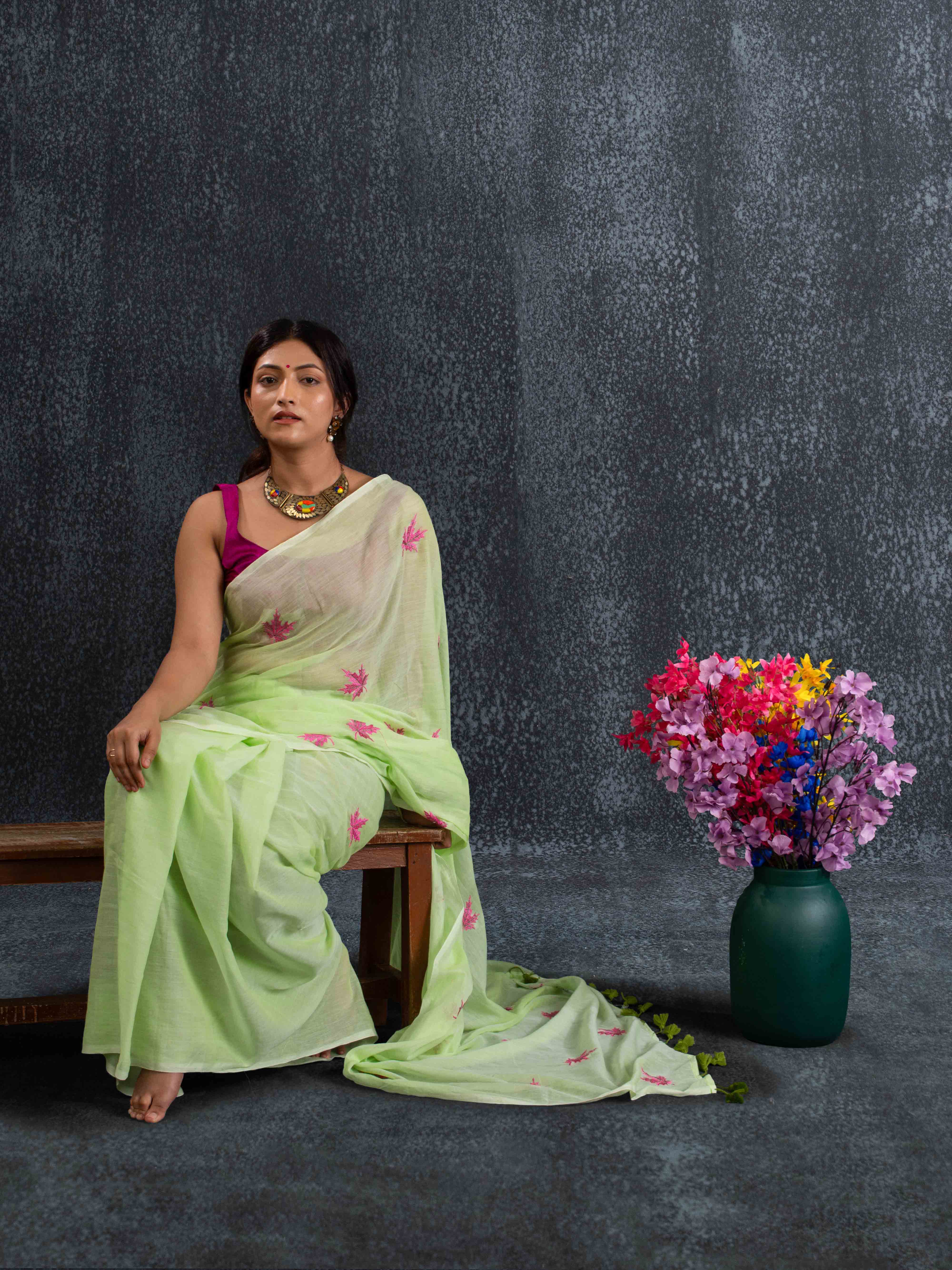 Featherlight Mul Cotton Saree with Thread Leaf Work in Pistaschio Green