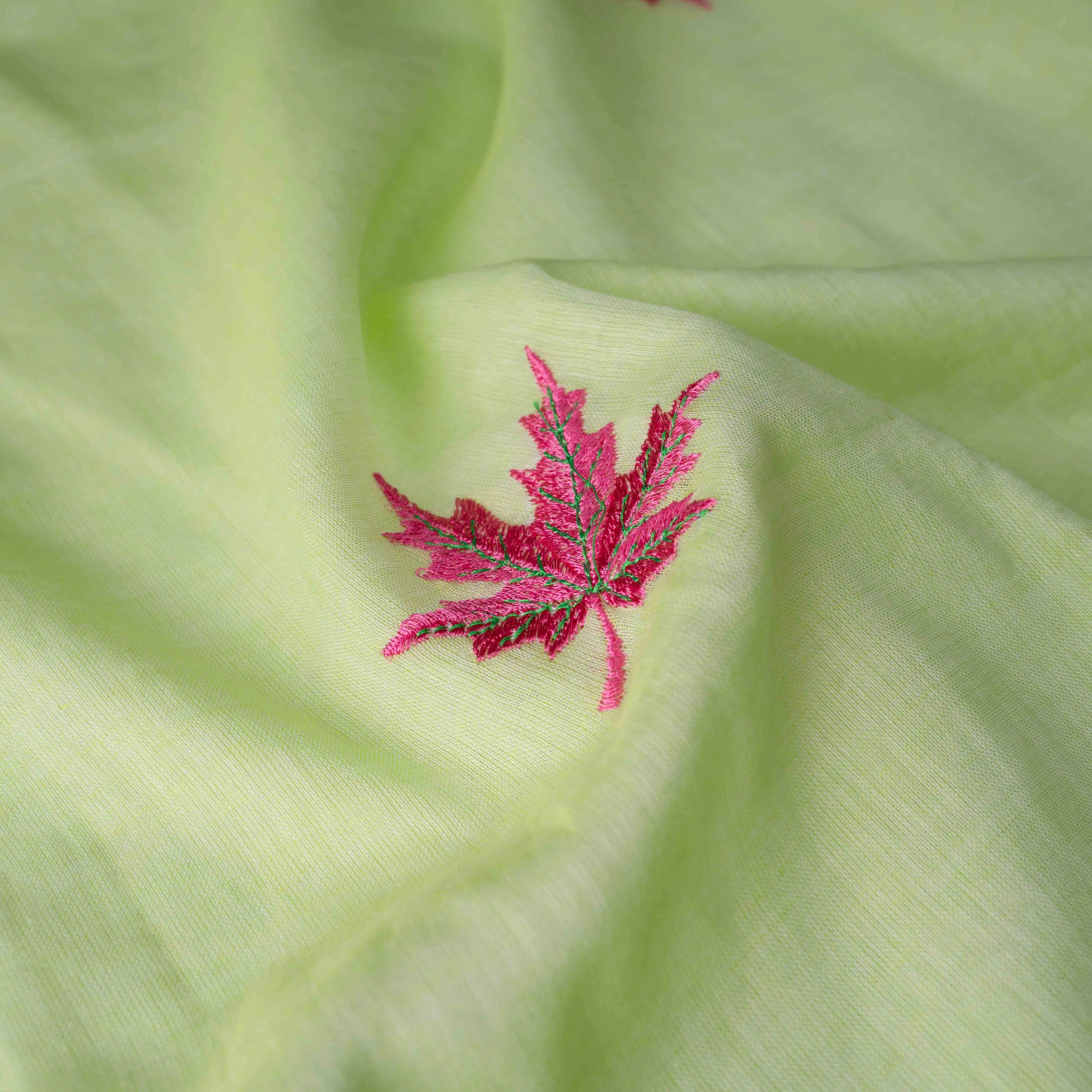 Featherlight Mul Cotton Saree with Thread Leaf Work in Pistaschio Green