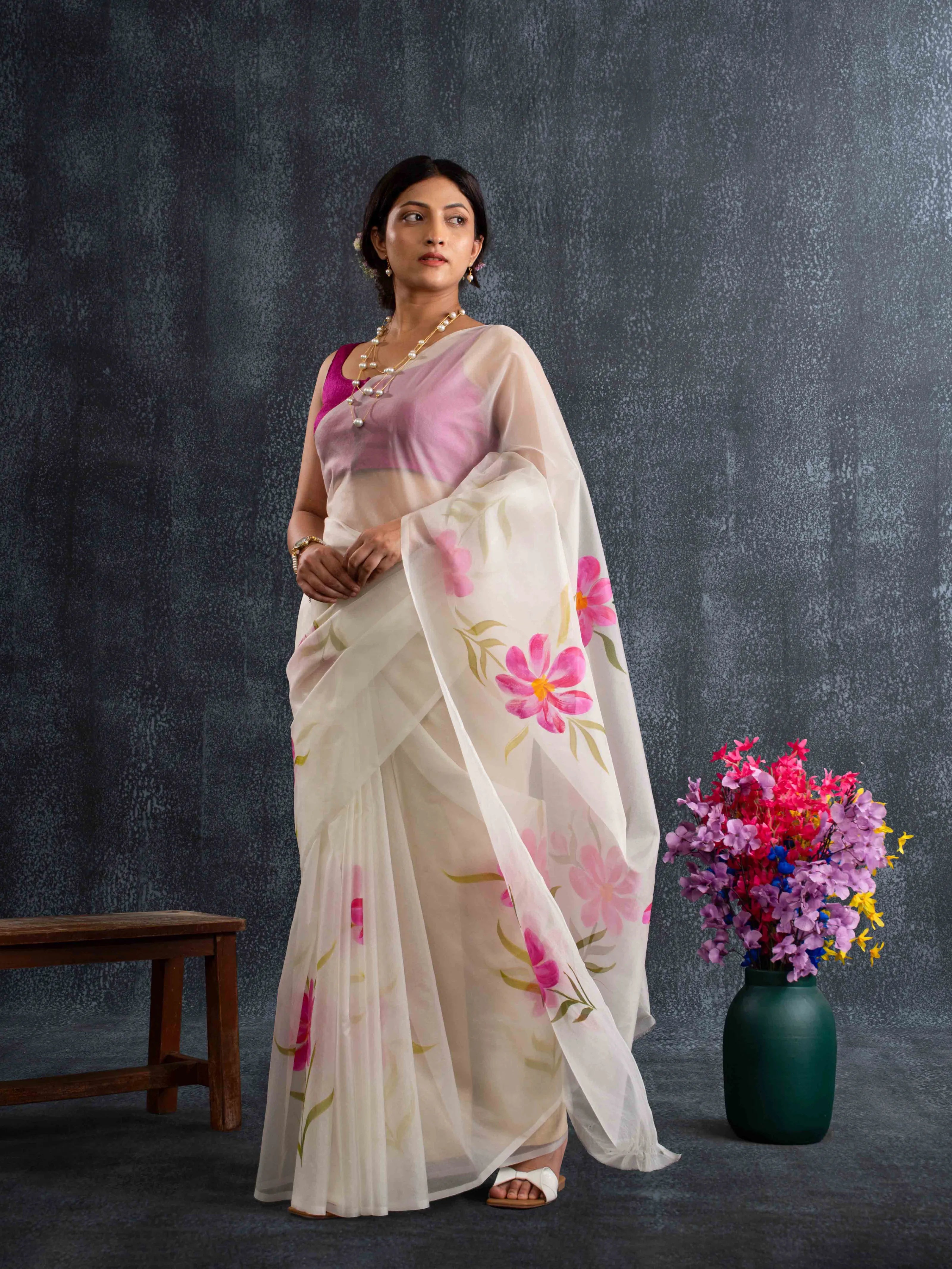 Flowy Organza Silk Hand-Painted Saree – White & Rose