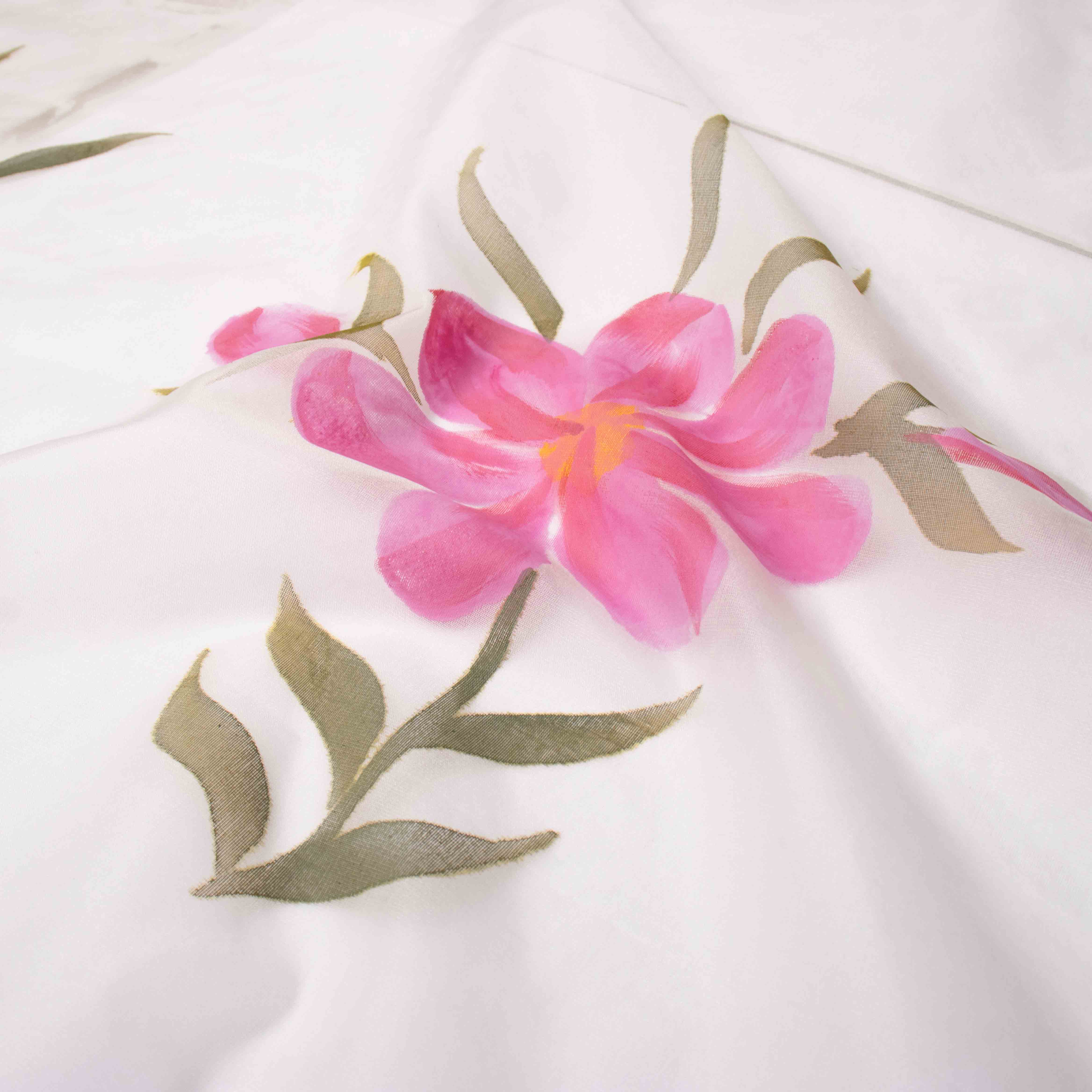 Flowy Organza Silk Hand-Painted Saree – White & Rose