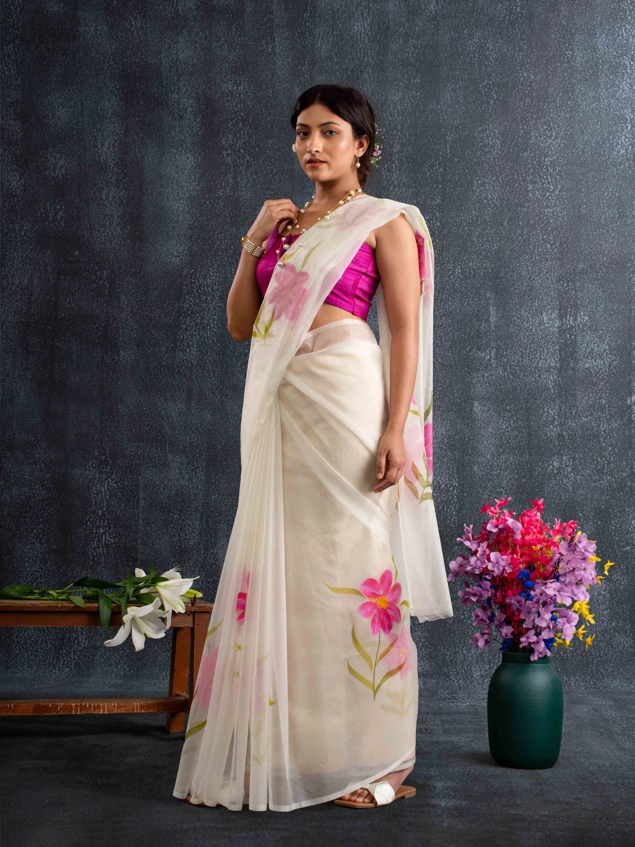 Flowy Organza Silk Hand-Painted Saree – White & Rose