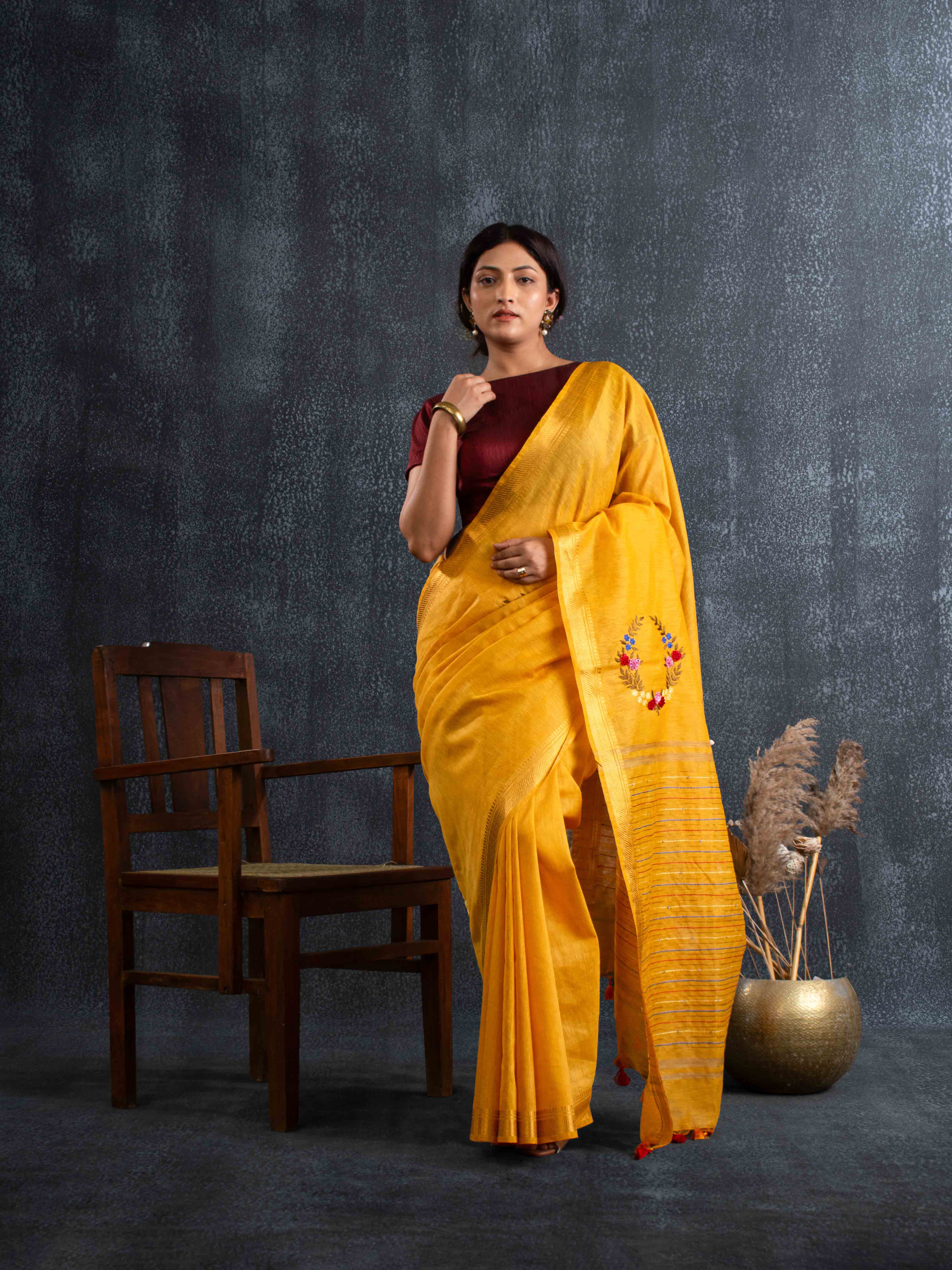 Velvety Linen Silk Saree in Mustard Yellow with Floral Embroidery